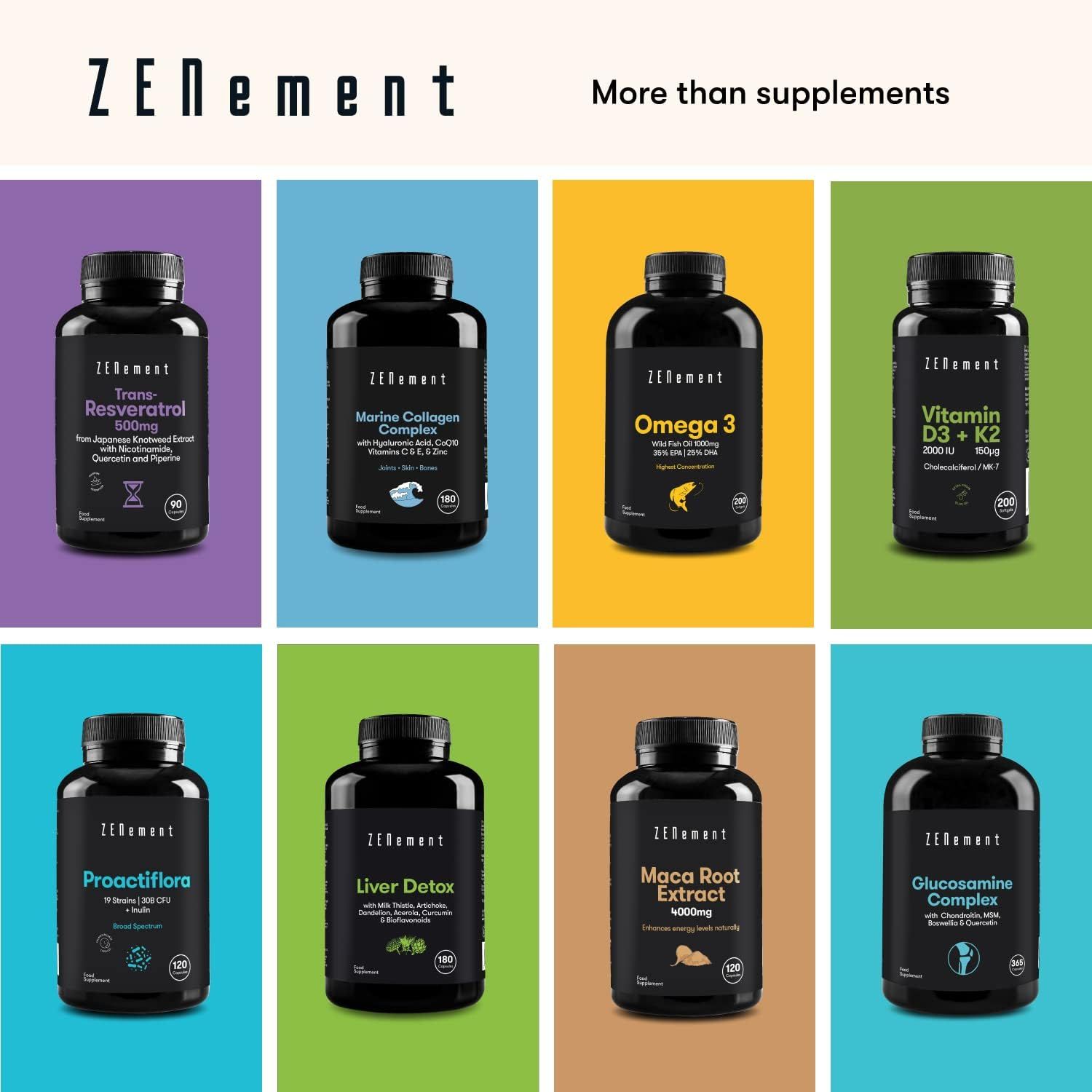 Divers compléments alimentaires Zenement. Flacons noirs avec étiquettes blanches. Produits: Trans-Resvératrol, Collagène marin, Oméga 3.