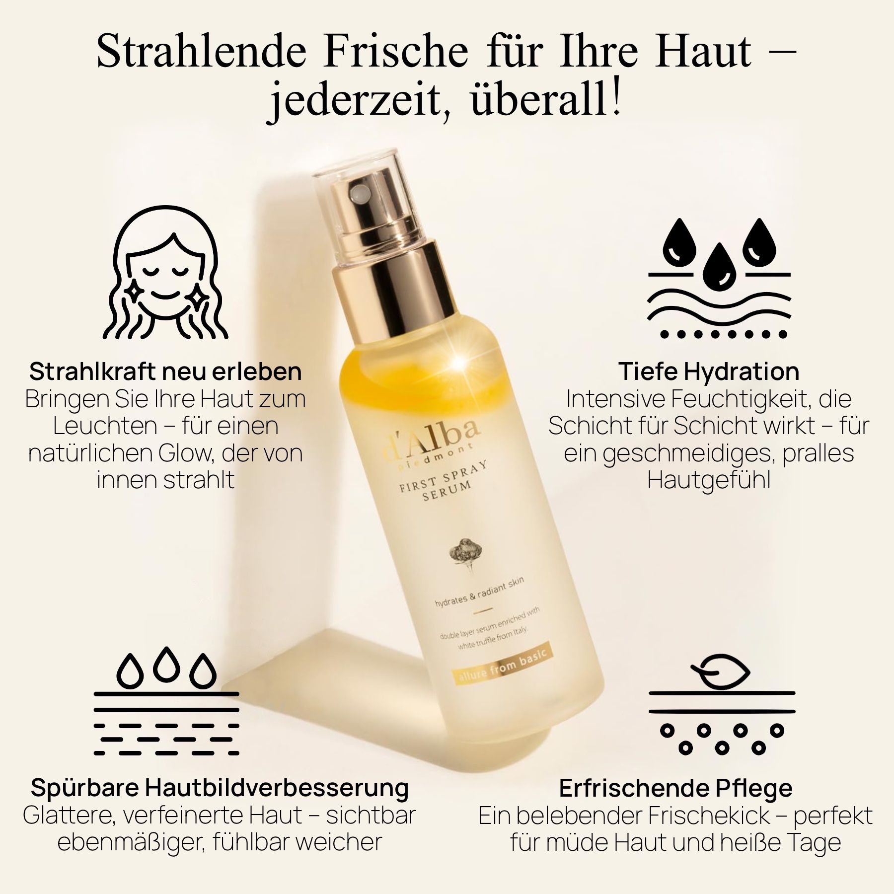 Een sprayfles met gouden dop. Tekst: "d'Alba piedmont FIRST SPRAY SERUM". Grafieken en tekst over de voordelen van het product.