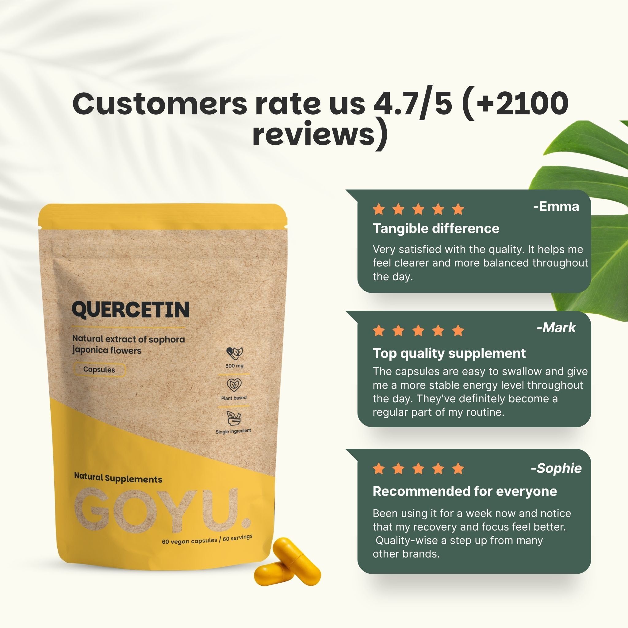 Comparaison des capsules de Quercétine : notre marque (pochette kraft, vegan) vs autres fournisseurs (plastique, gélatine).