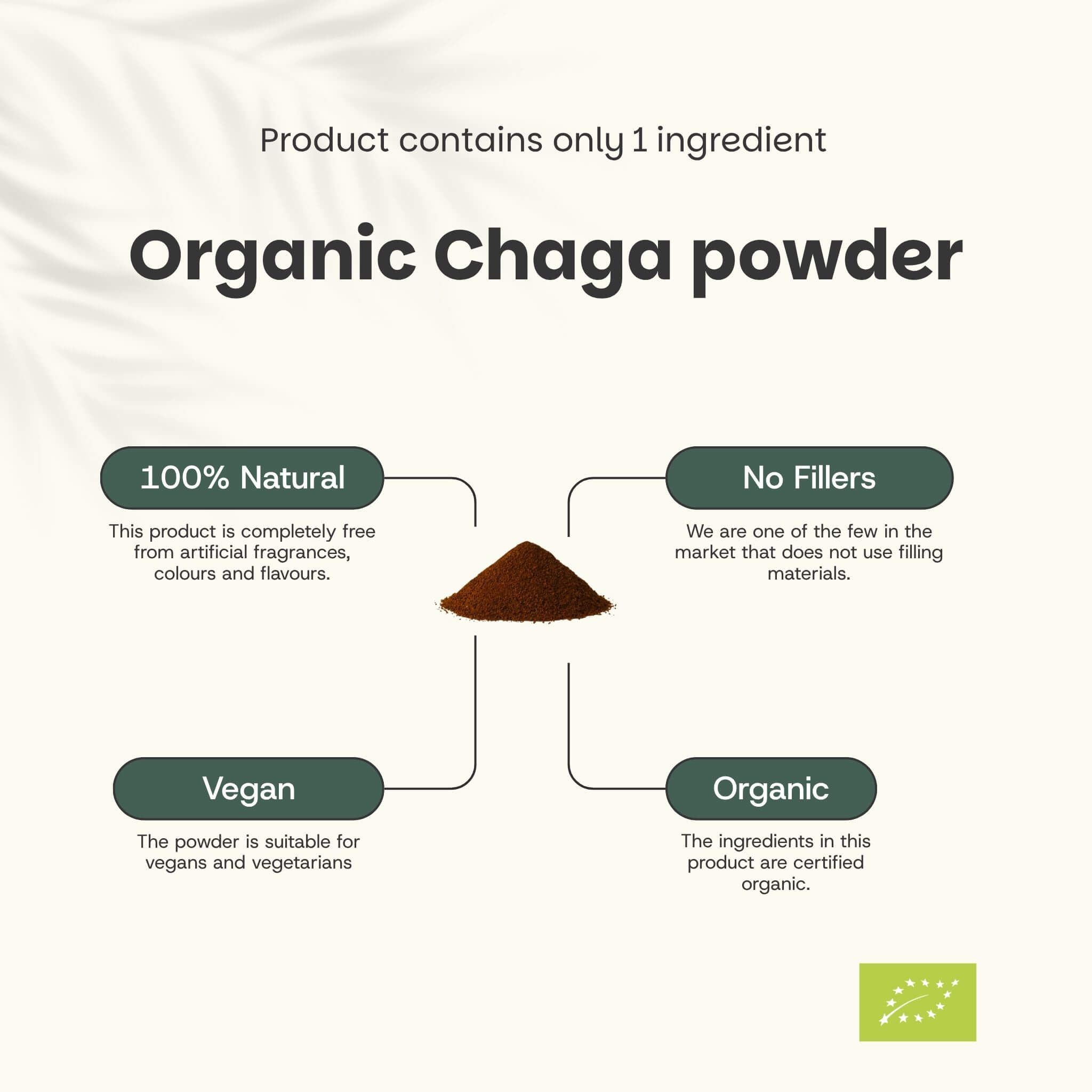 Diagramme avec poudre de Chaga. Texte: 100% naturel, sans agents de remplissage, végétalien, biologique. Avec logo bio UE.