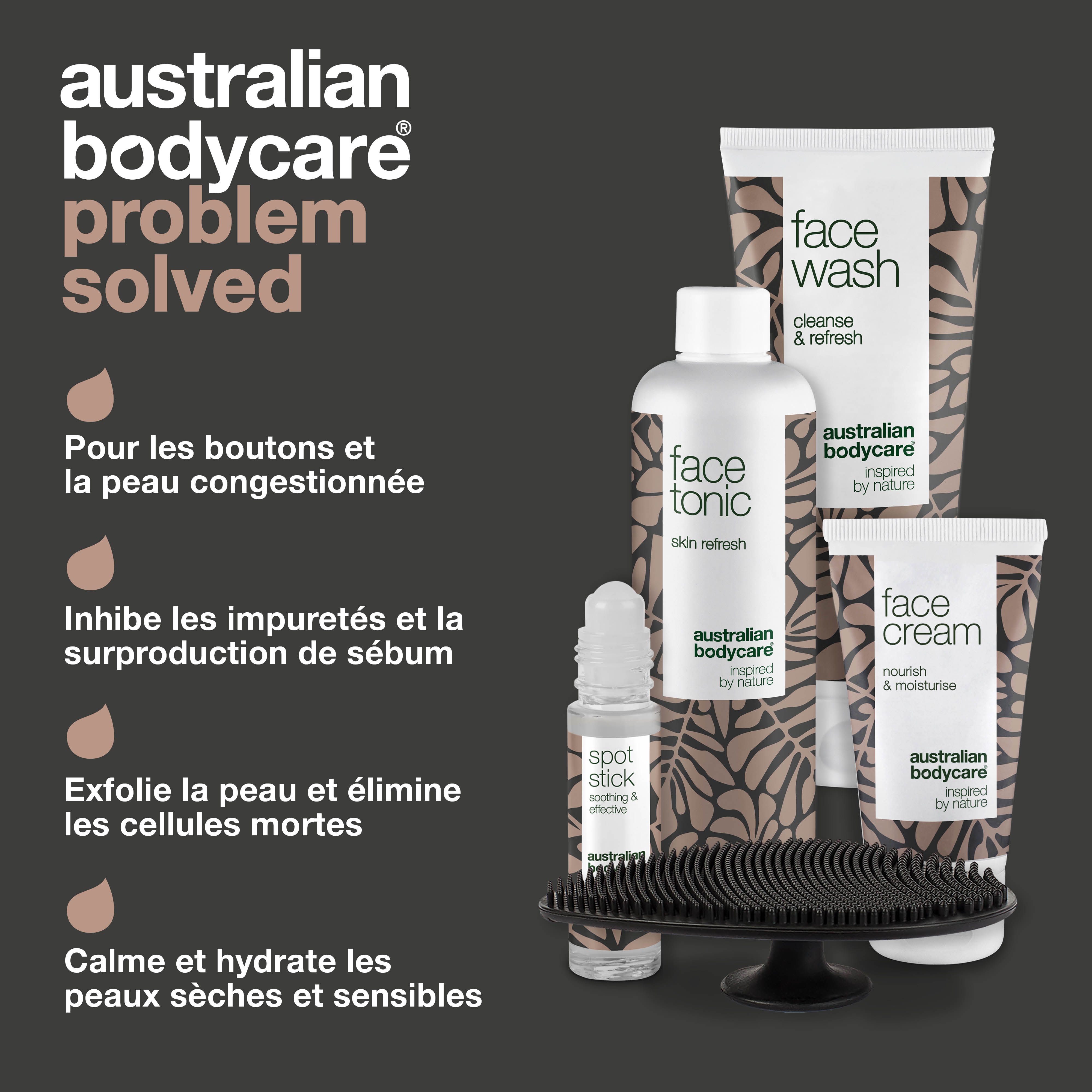 Kit visage avec brosse. Texte : Pour les boutons et la peau congestionnée. Élimine les bactéries. Réduit les imperfections.