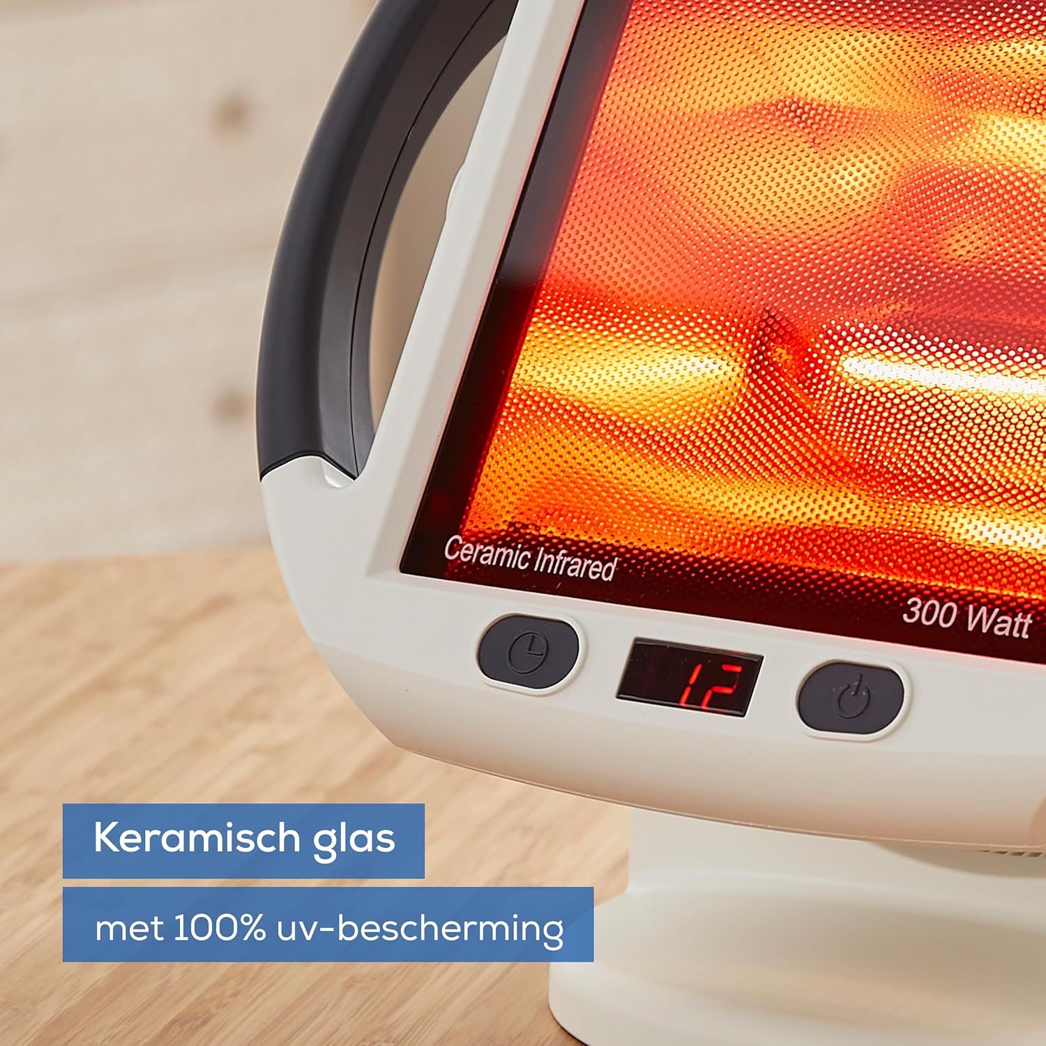 Keramische infraroodstraler, 300 Watt, met digitaal display en bedieningselementen.
