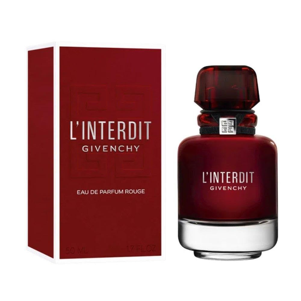 Rode fles en rode verpakking. Opschrift: L'Interdit Givenchy, Eau de Parfum Rouge. Fles met zilveren basis.