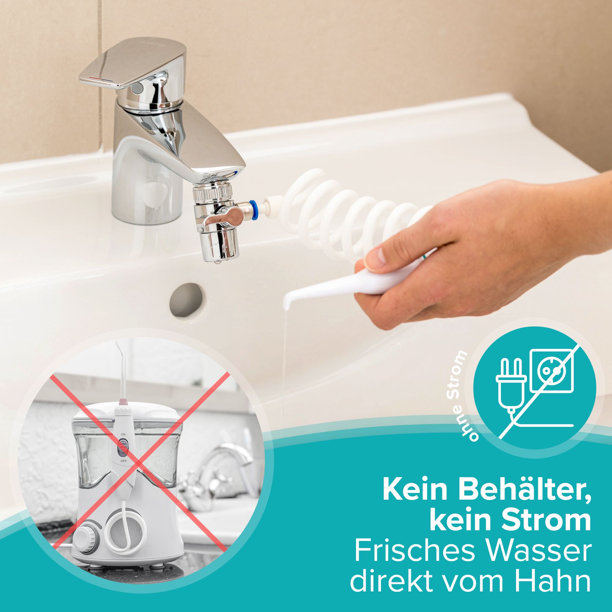 Irrigateur buccal sur robinet, sans électricité ni réservoir. Montre le raccord et le tuyau.