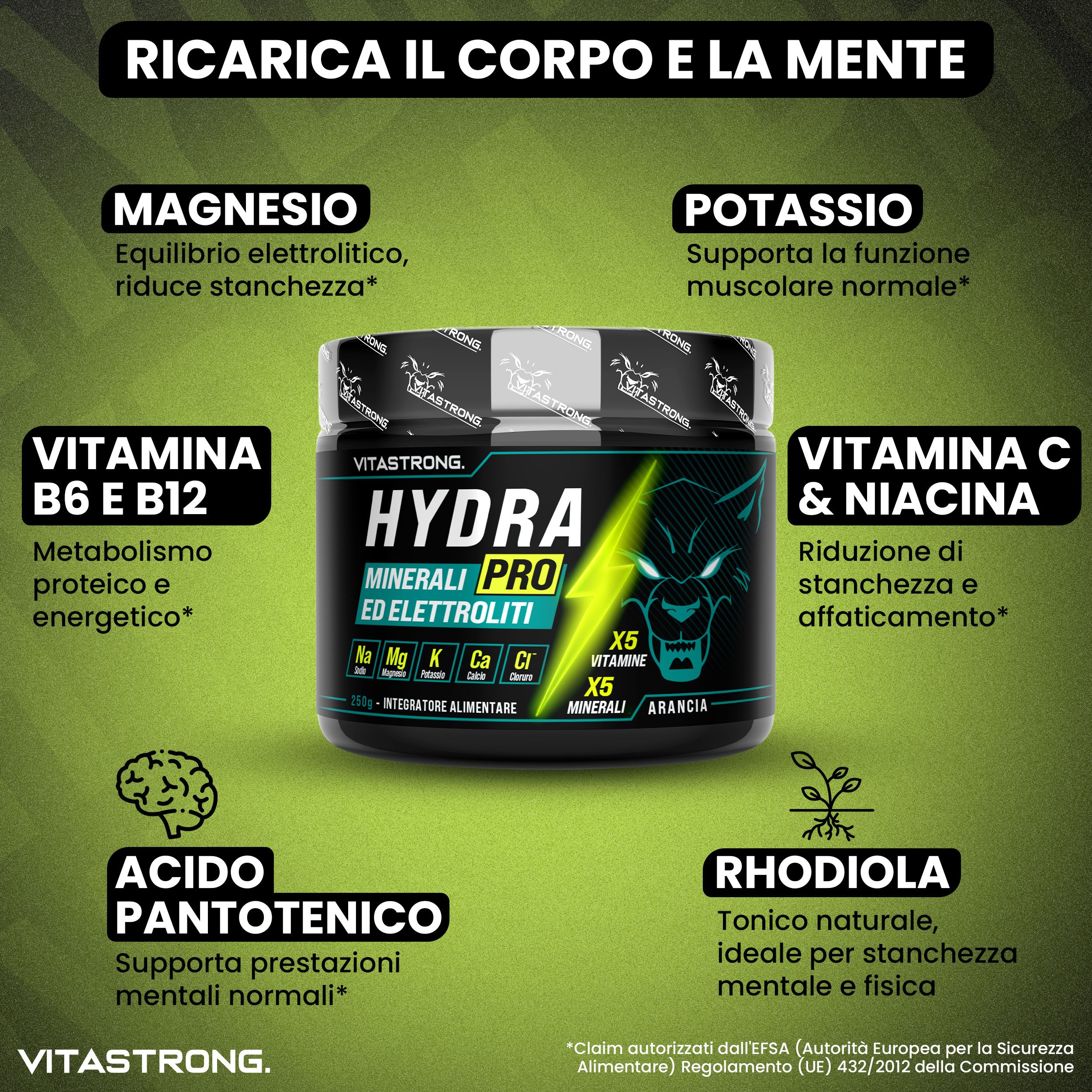 Pot "HYDRA PRO" met ingrediënten. Tekst: mineralen en elektrolyten. Vitastrong.