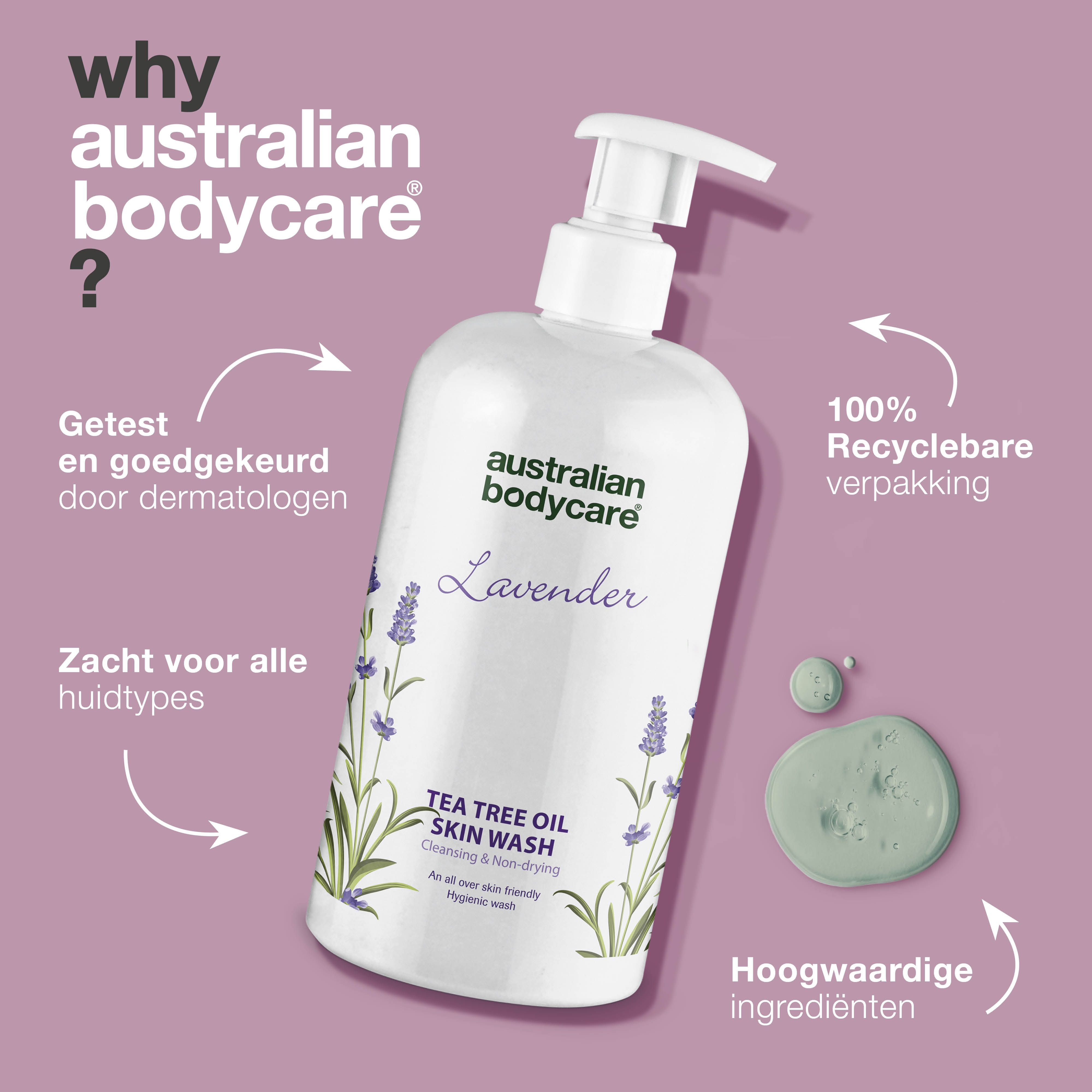 Productafbeelding: fles met pomp. Tekst: Australian Bodycare, Lavender, Tea Tree Oil Skin Wash.