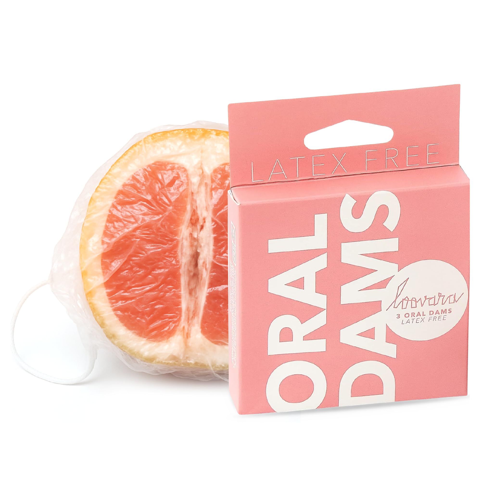 Boîte de 3 Loovara Oral Dams, sans latex, à côté d'un pamplemousse coupé.
