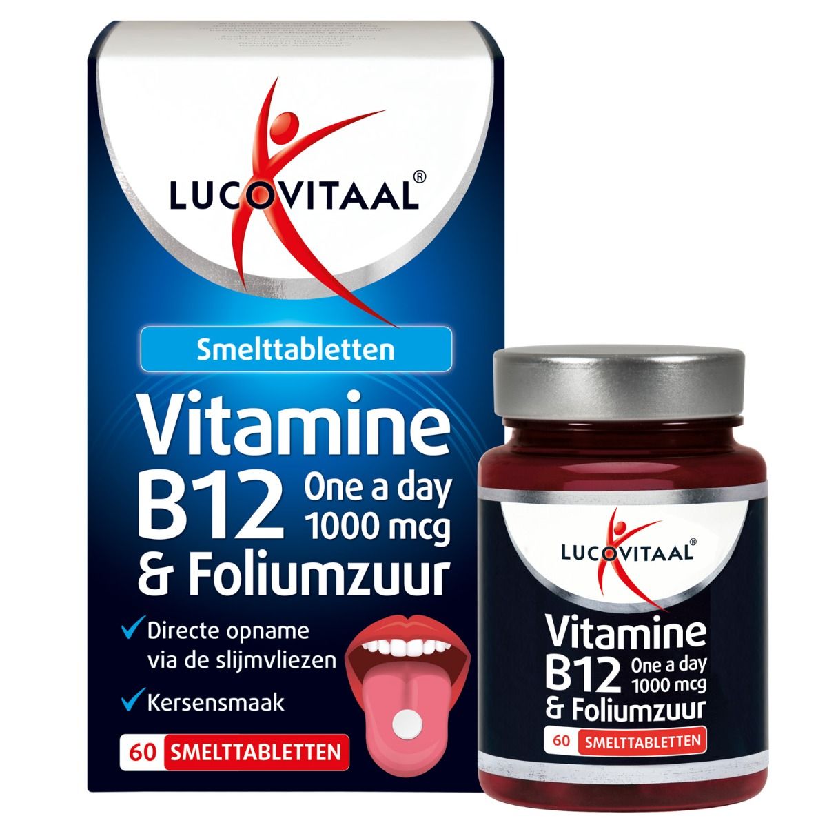 Emballage et flacon. 'Vitamine B12 & Foliumzuur'. 60 comprimés orodispersibles. Marque: Lucovitaal. Absorption directe.