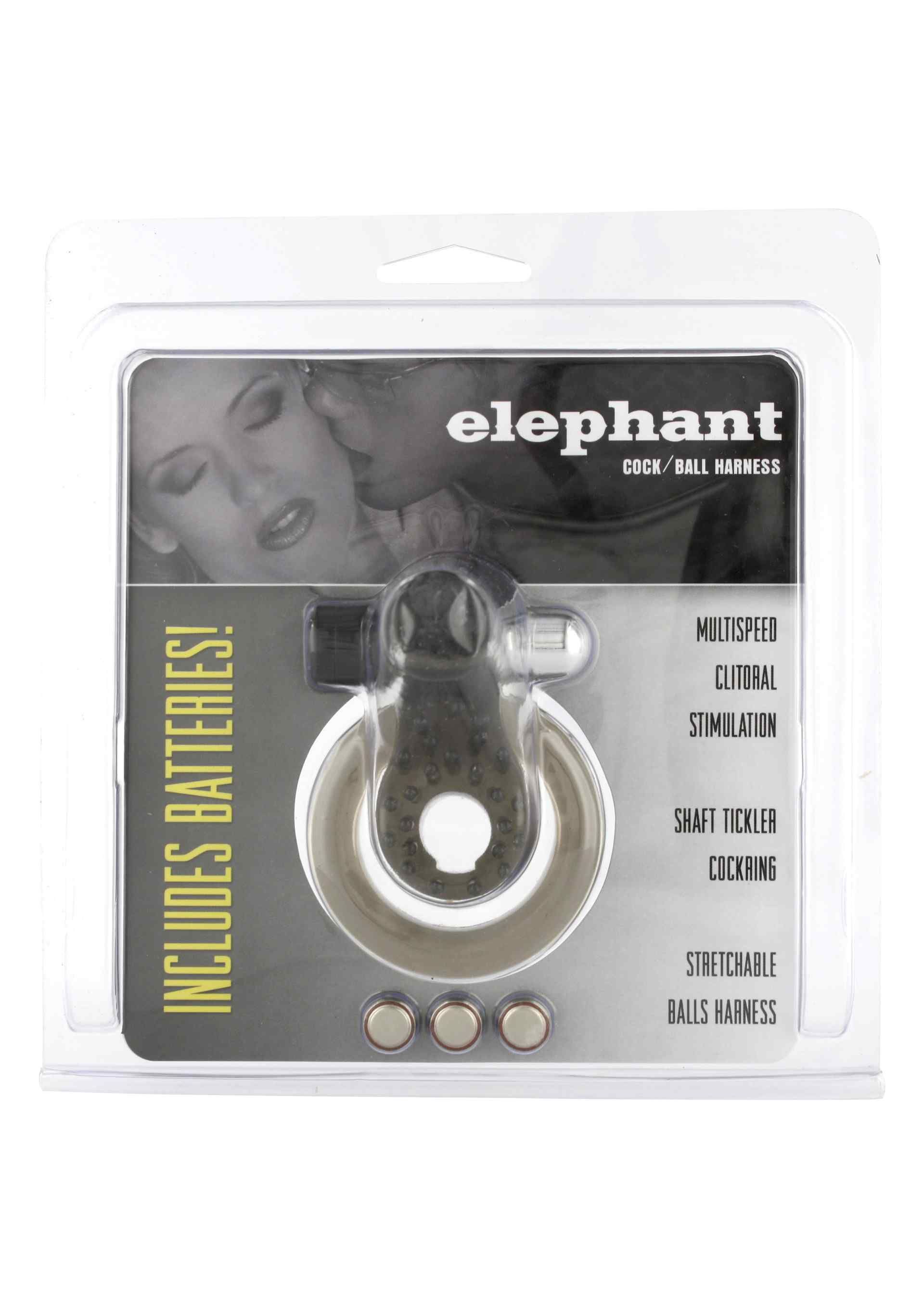Anneau pénien et scrotal transparent Elephant, emballage blister. Batteries incluses. Nom du produit et caractéristiques visibles.