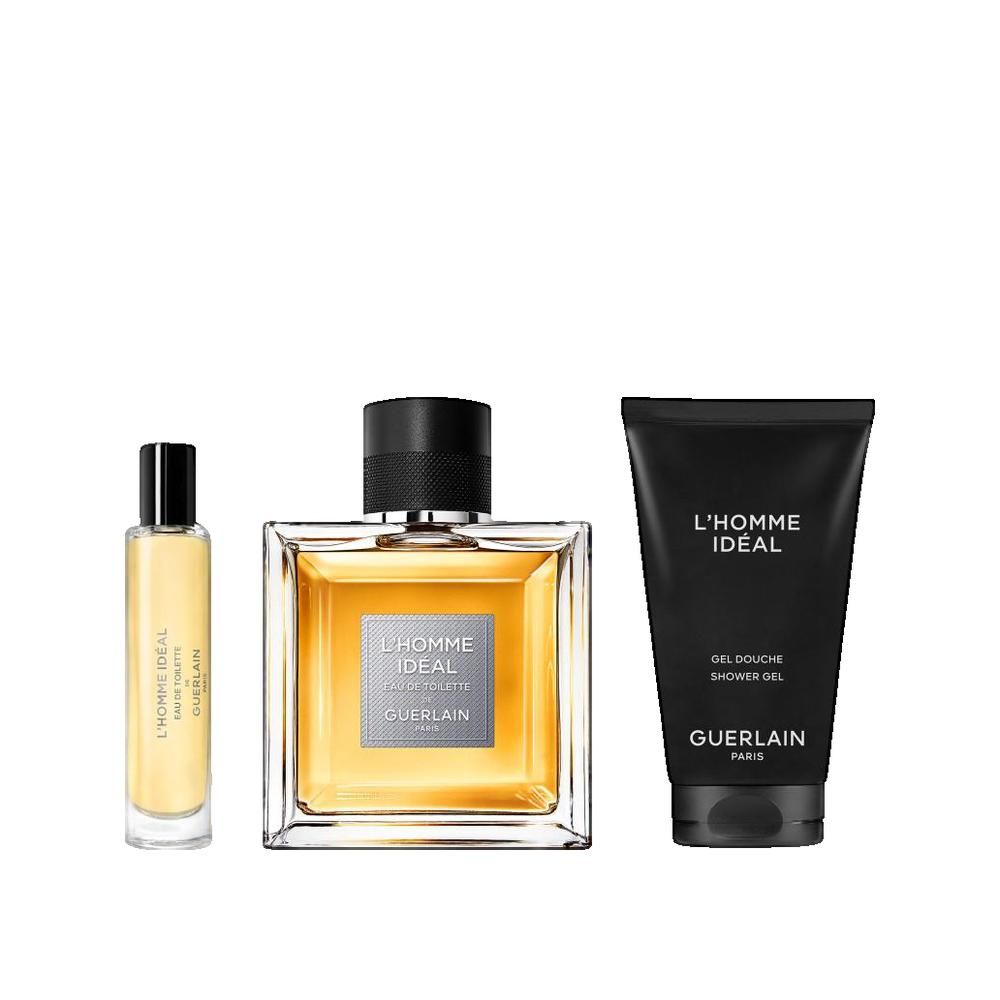 Trois produits L'Homme Idéal : flacon de parfum, eau de toilette et gel douche. Bouchons noirs et emballage.