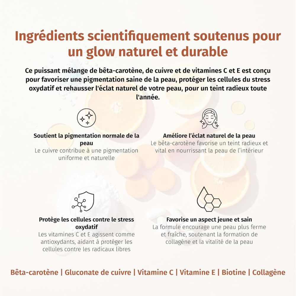 Graphiques expliquant les bienfaits du bêta-carotène, cuivre, vitamines C, E, biotine, collagène pour la peau.