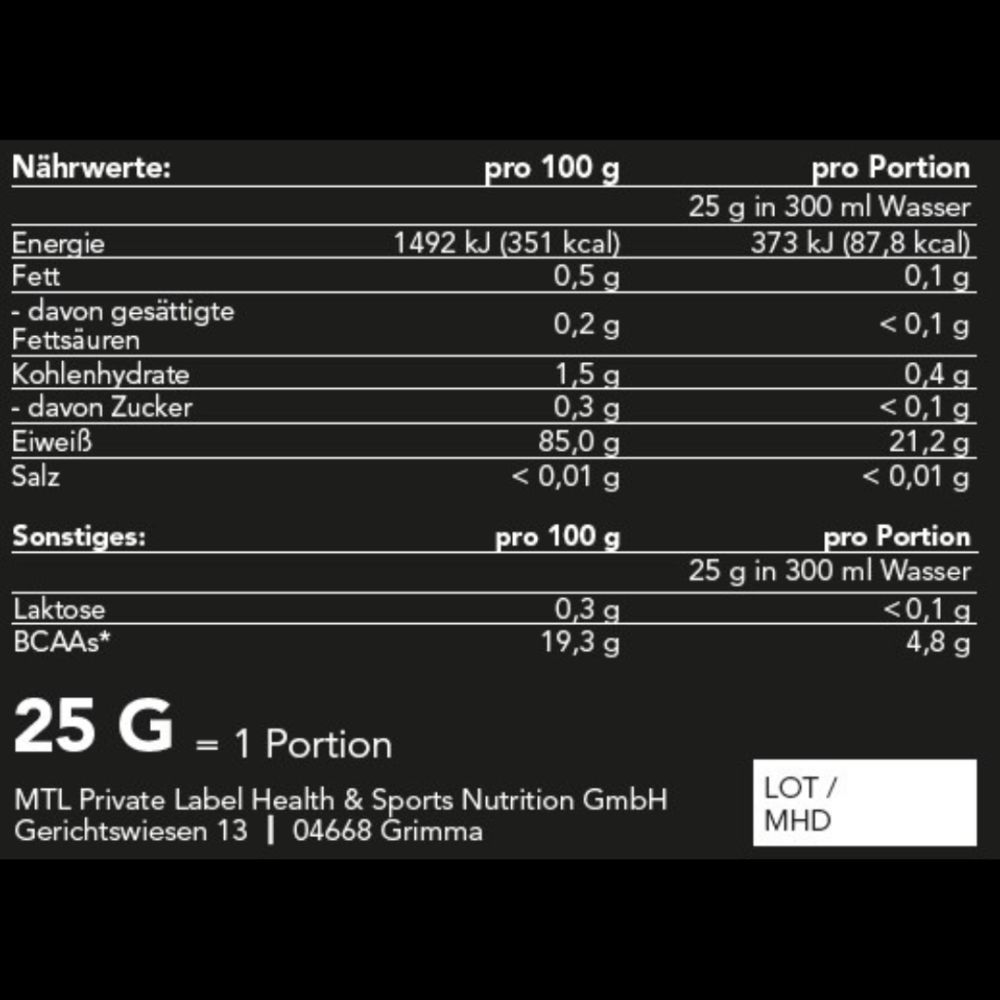 Voedingstabel. Informatie per 100g en per portie. Bevat informatie over energie, vet, koolhydraten, eiwit en zout.