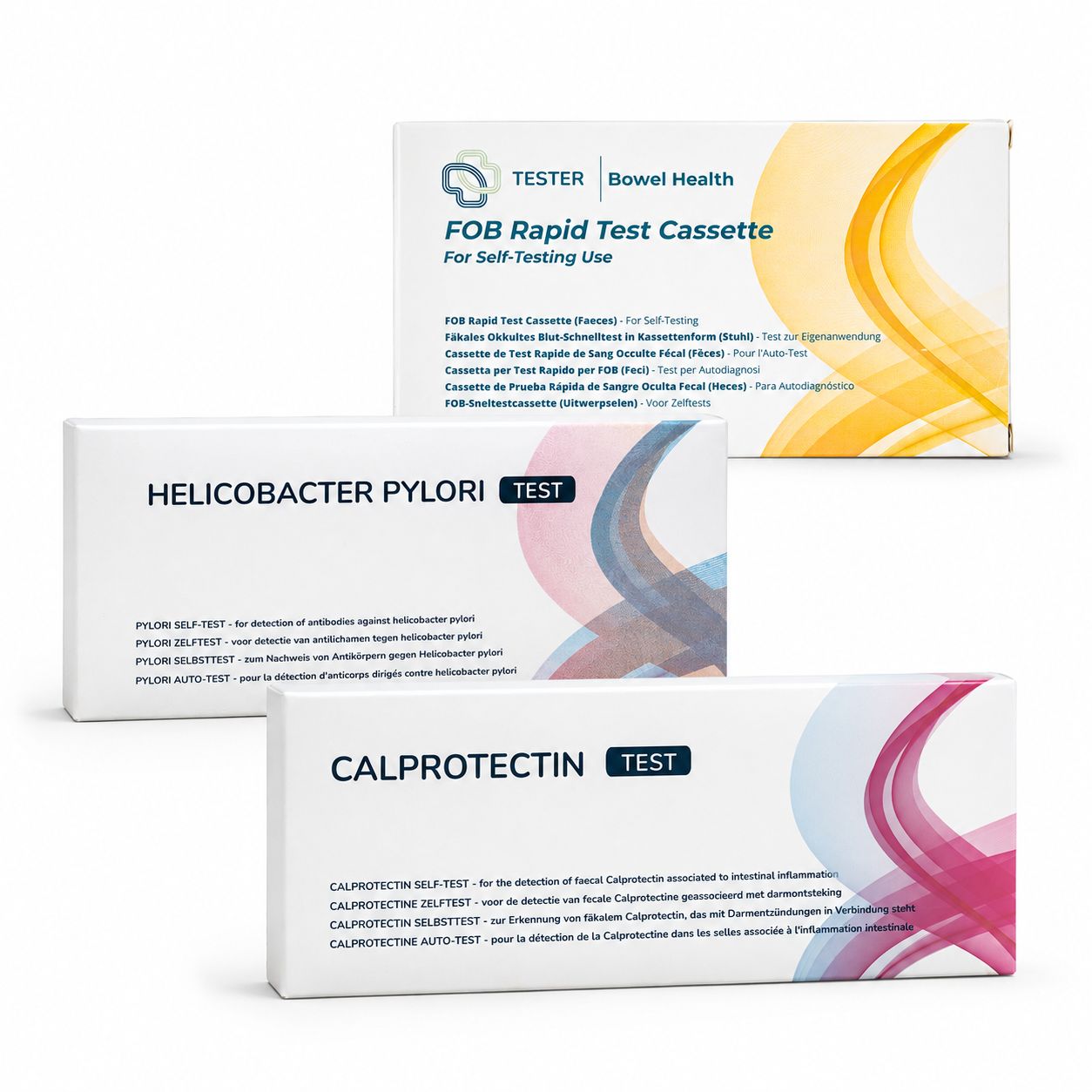 Trois boîtes pour auto-tests : FOB, Helicobacter Pylori et Calprotectine.