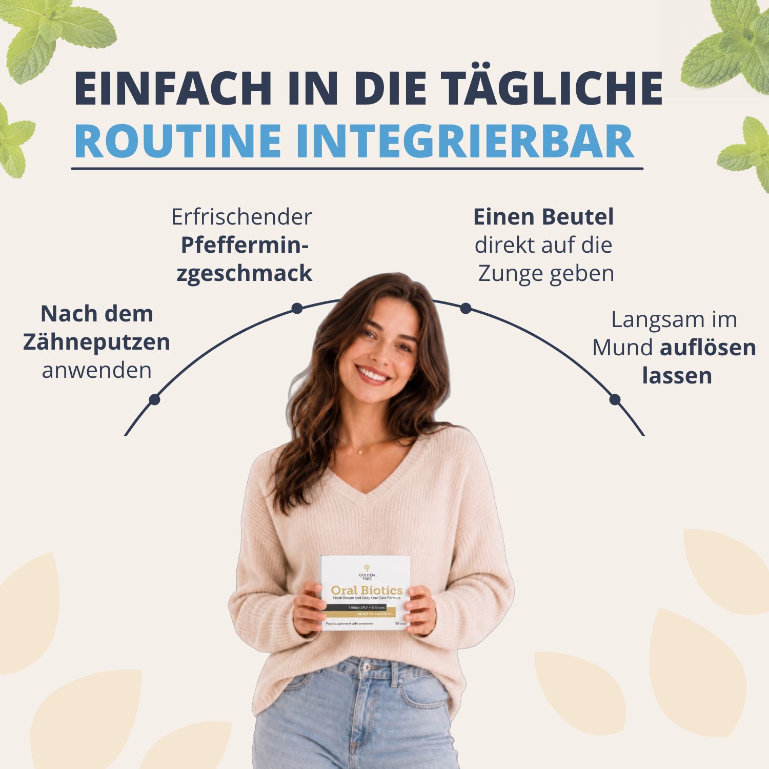 Femme tenant Golden Tree Oral Biotics. Facile à intégrer dans la routine quotidienne.