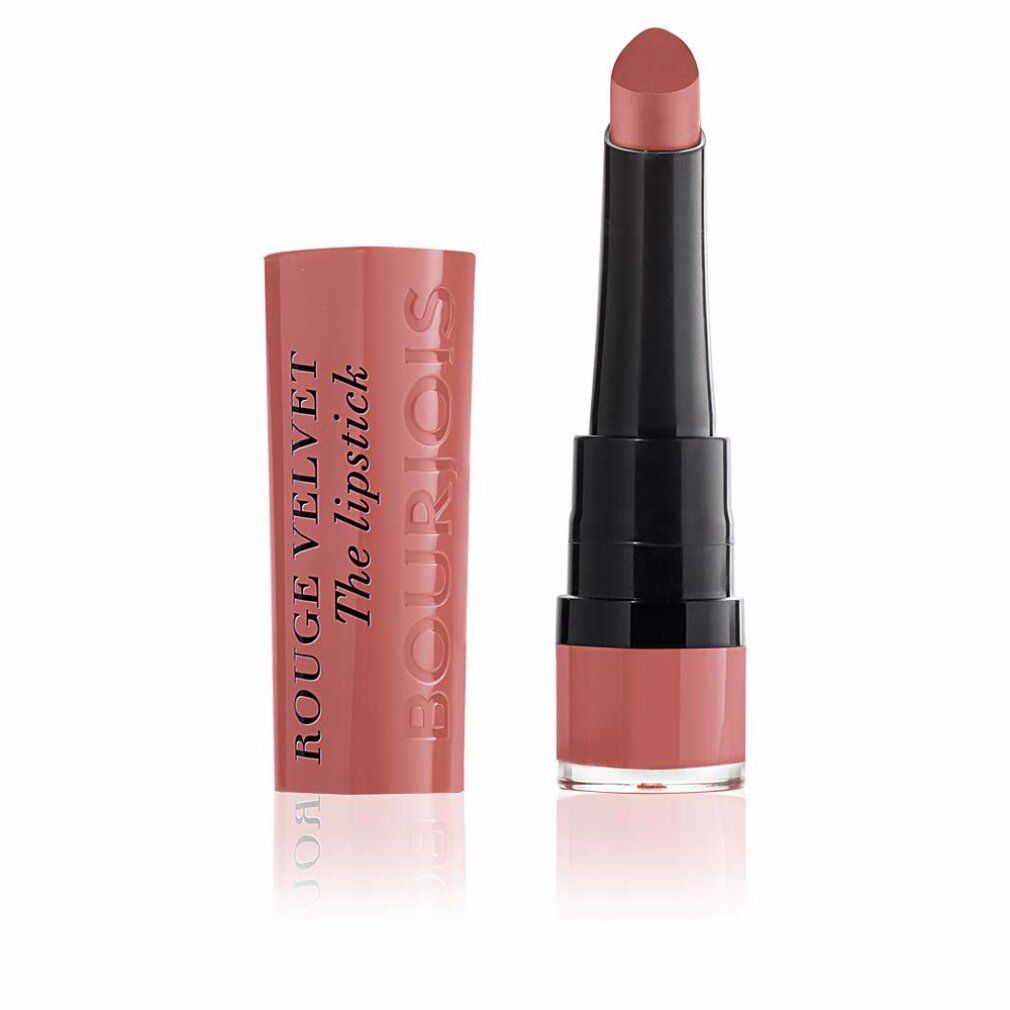 Lipstick met open dop. Roze lipstickstift, zwarte schacht, roze huls met tekst. Bourjois.