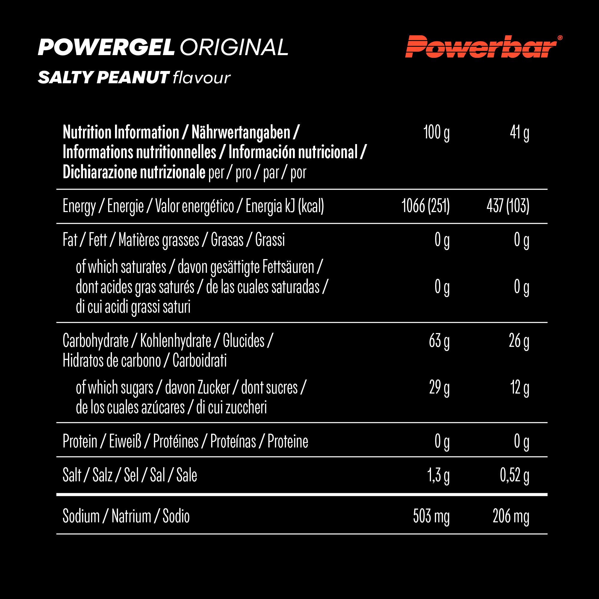 Voedingsinformatie voor PowerBar PowerGel Original Salty Peanut, porties van 100g en 41g.