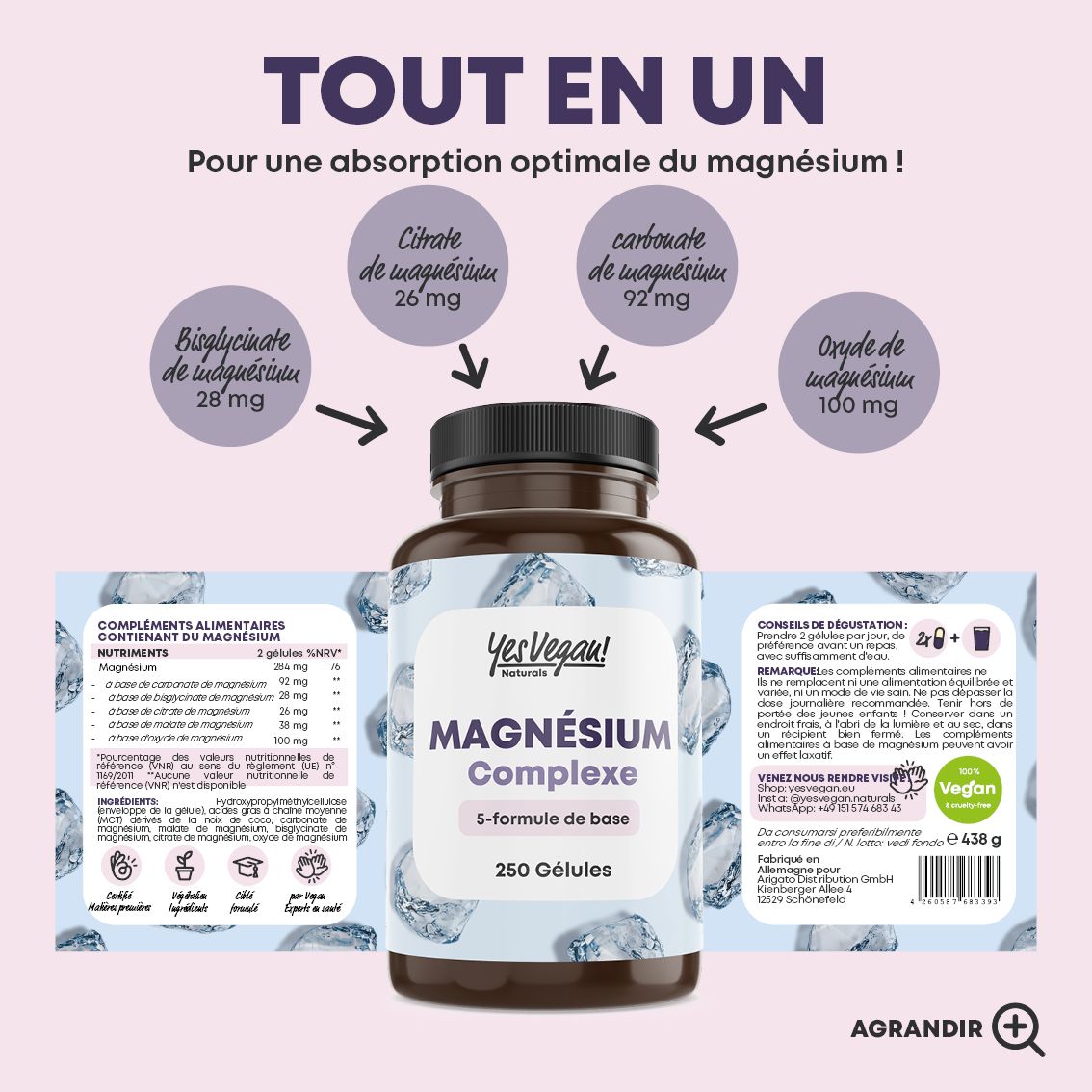 Flacon de magnésium, formule 5 sources, 250 gélules. Informations sur les ingrédients et l'absorption.