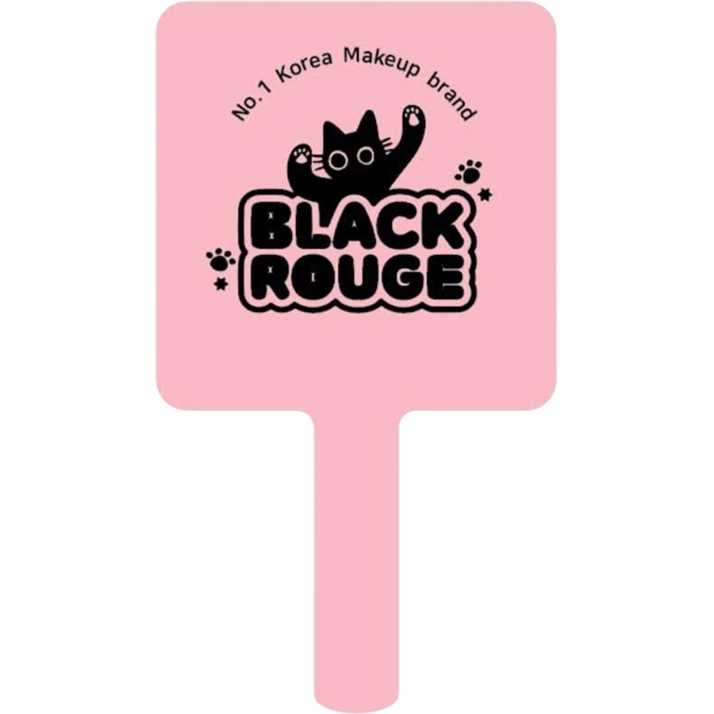 Miroir à main rose avec motif de chat. Texte: BLACK ROUGE, No.1 Korea Makeup brand.