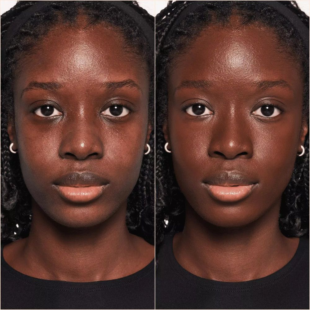 Deux visages, non maquillé à gauche, maquillé à droite. Les deux femmes ont la peau foncée et des tresses.