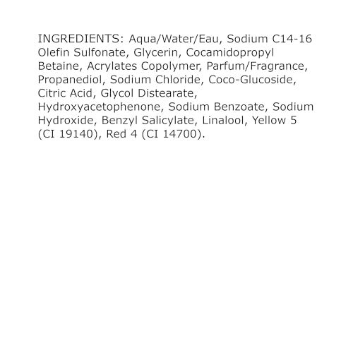 Tekst met ingrediënten: Aqua, Sodium C14-16 Olefin Sulfonate, Glycerin, Cocamidopropyl Betaine, etc.
