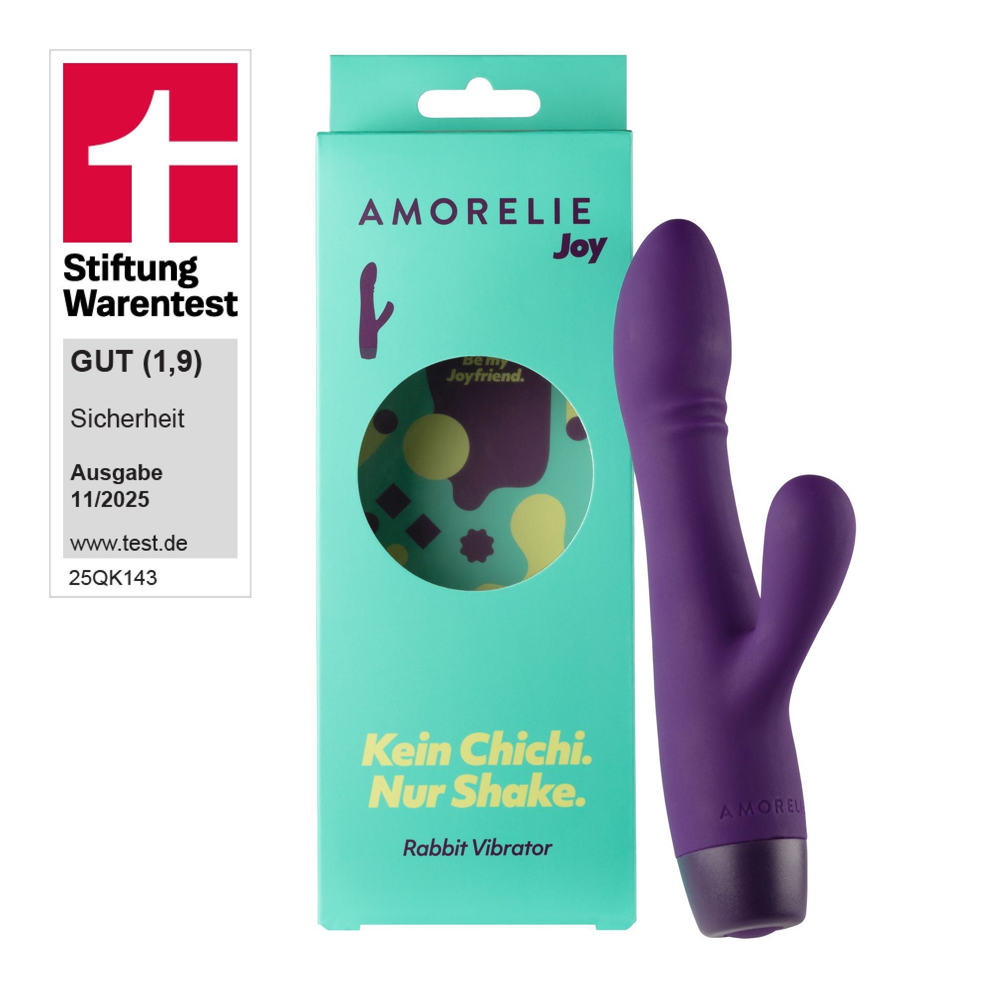 Paarse Rabbit vibrator met verpakking. Verpakking met AMORELIE Joy logo en tekst. Stiftung Warentest keurmerk.
