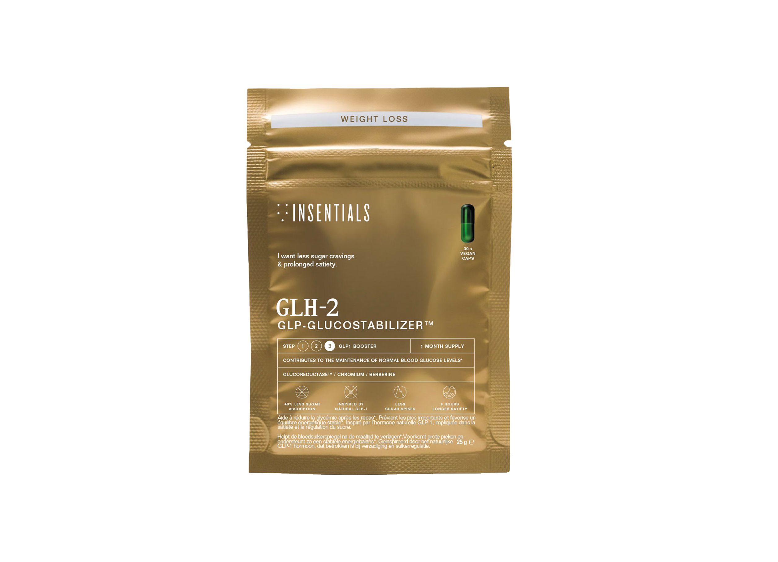 Gouden stand-up pouch 'Insentials GLH-2'. Een groene capsule is zichtbaar.