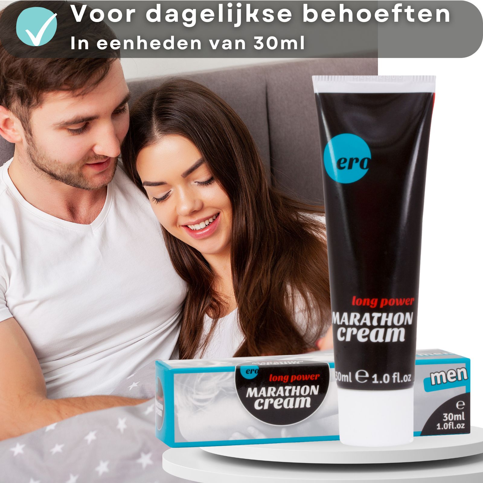 Koppel in bed. Naast de tube en de doos. Opschrift: Marathon Cream. Merk: ero. 30ml.