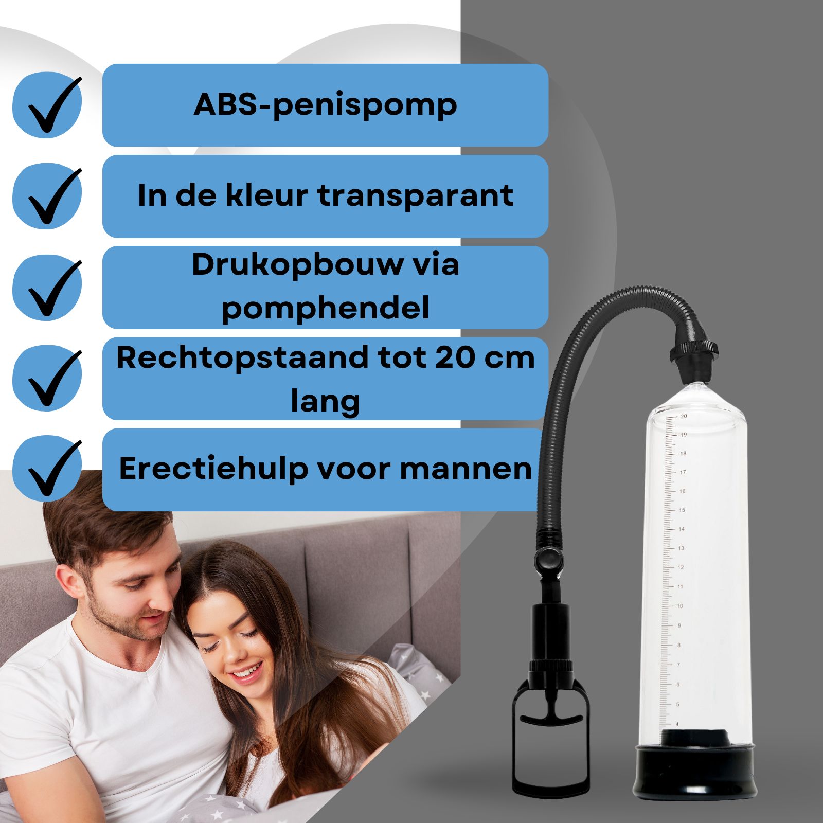 Penispomp met pomphandvat. Transparante behuizing, zwarte basis en slang. Koppel in bed.