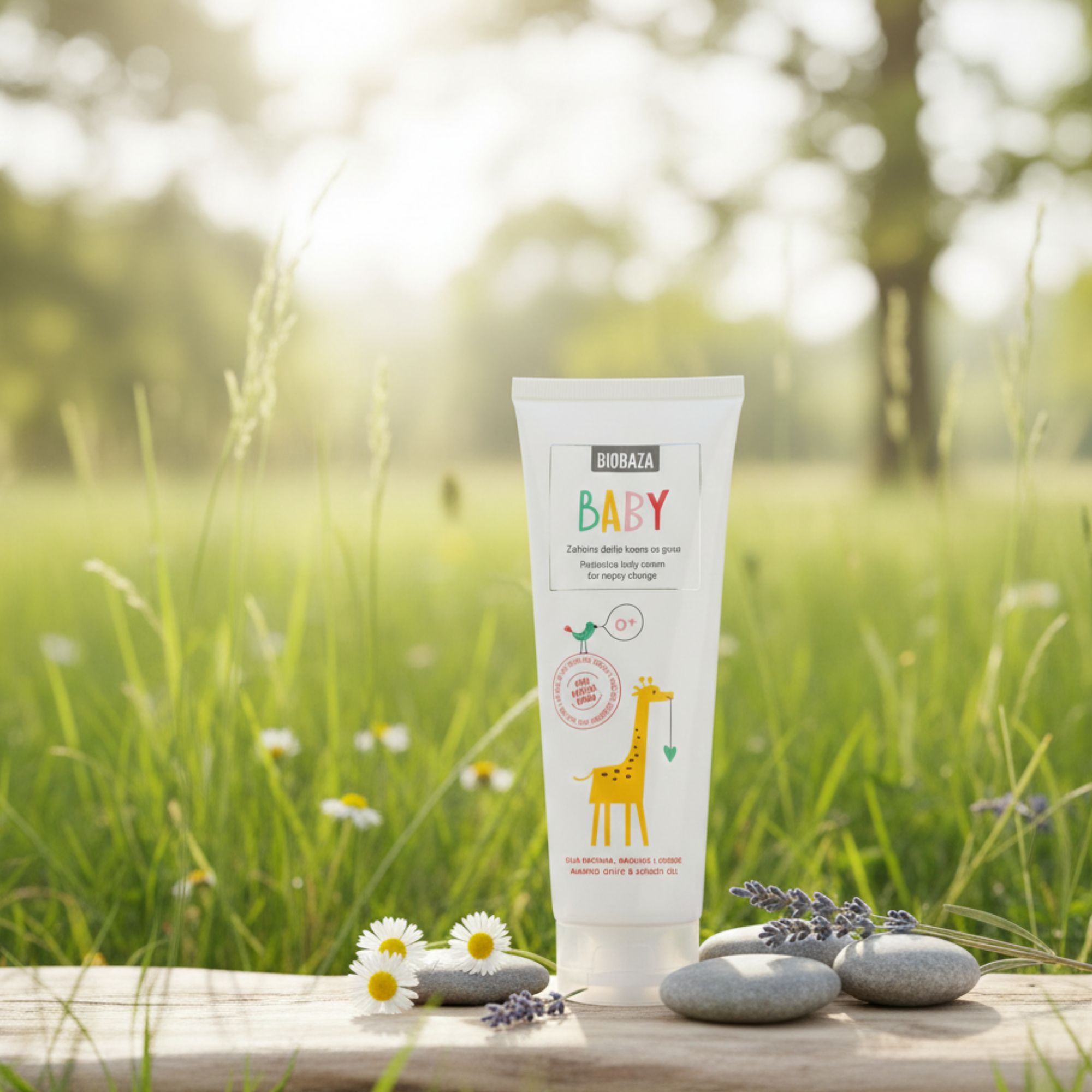 Witte tube met opschrift BABY en giraf-illustratie. Ligt voor stenen en lavendel. Op de achtergrond weide en bloemen.