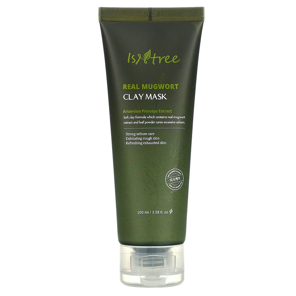 ISNTREE Real Mugwort Clay Mask tube. Groene tube met witte opdruk en transparante dop.