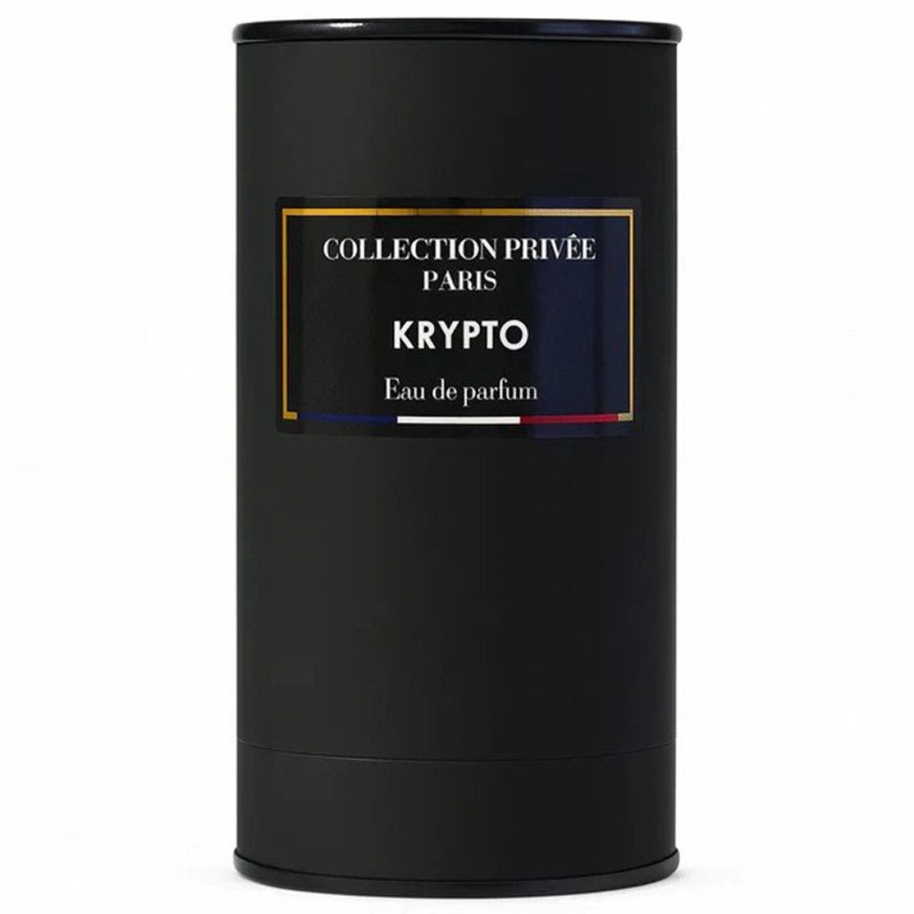 Zwarte cilindrische flacon met etiket: COLLECTION PRIVÉE PARIS KRYPTO Eau de parfum.
