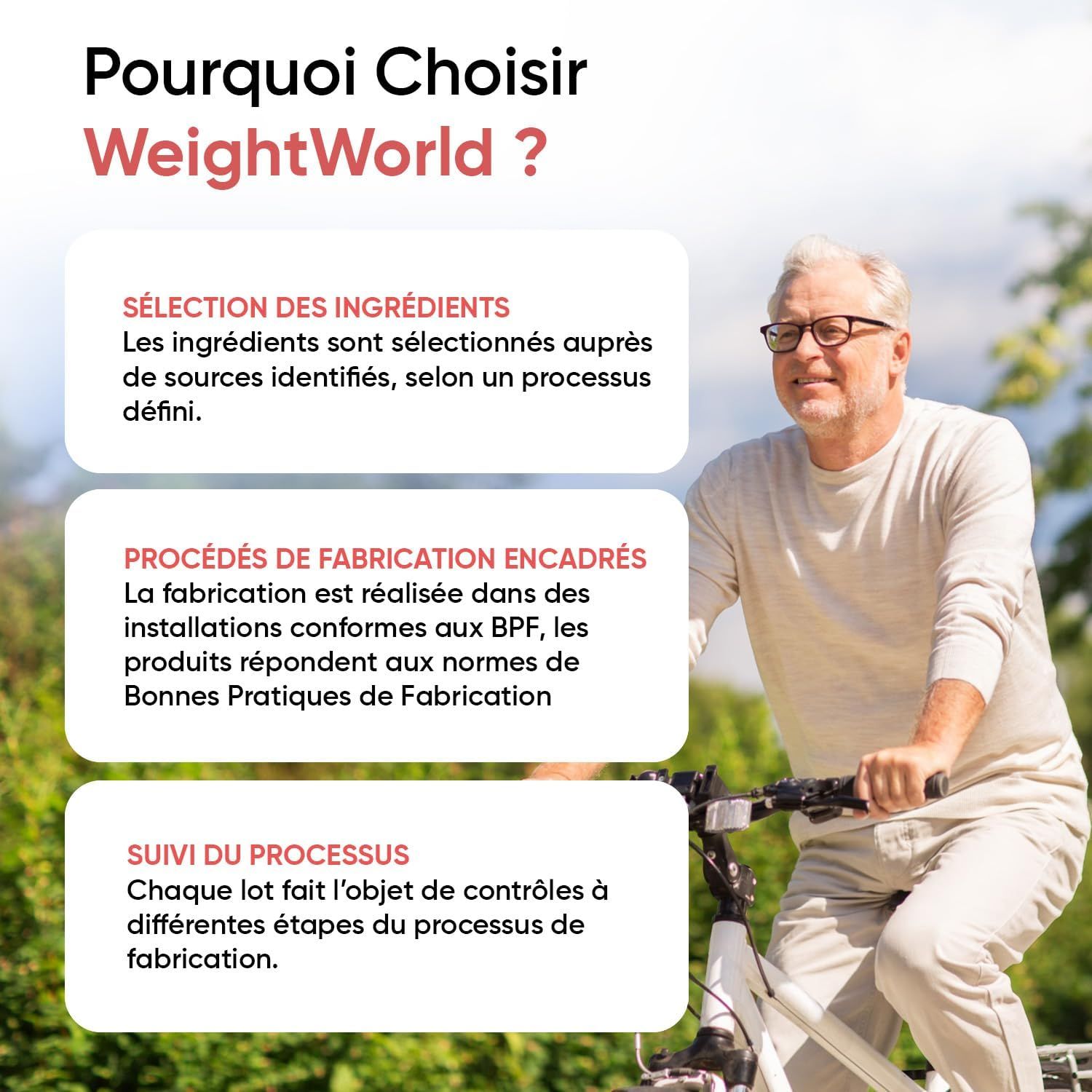 Homme d'âge mûr à vélo, avec des zones de texte sur la qualité du produit.