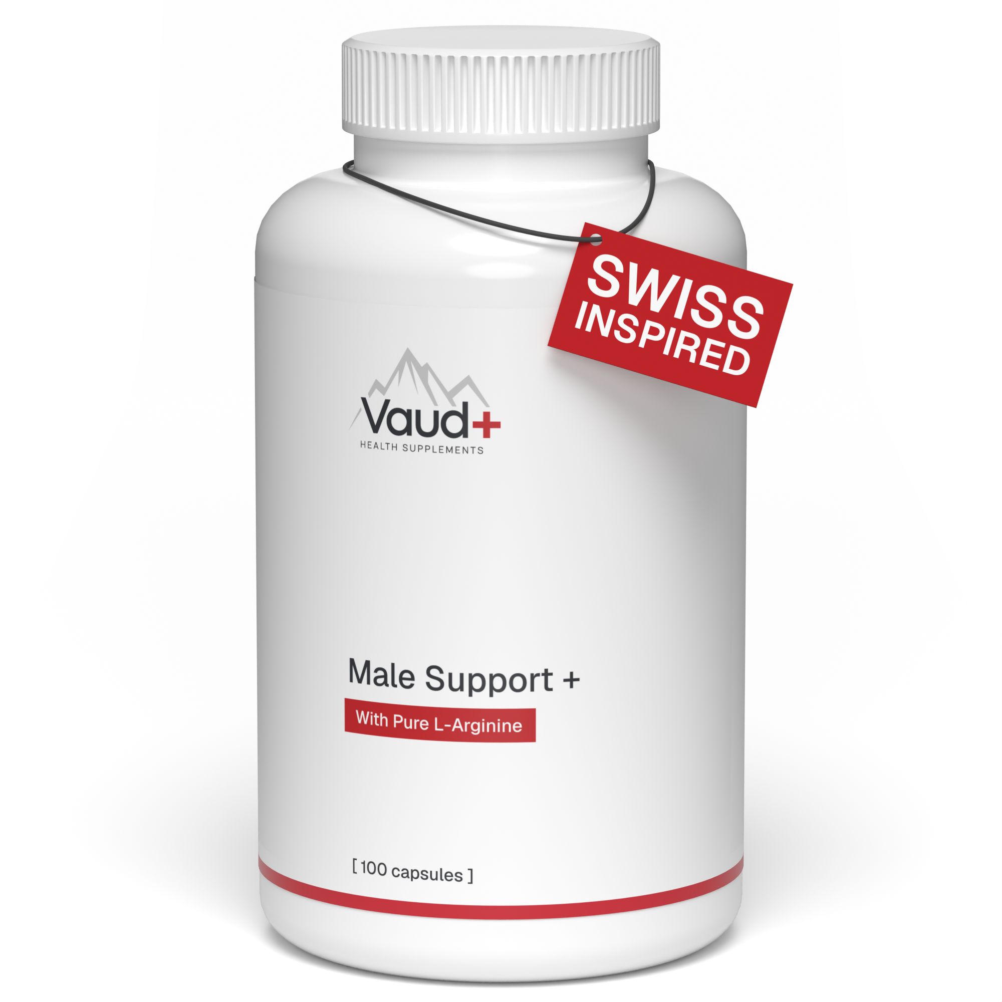 Contenant blanc pour capsules avec étiquette rouge "SWISS INSPIRED". Contient 100 capsules.