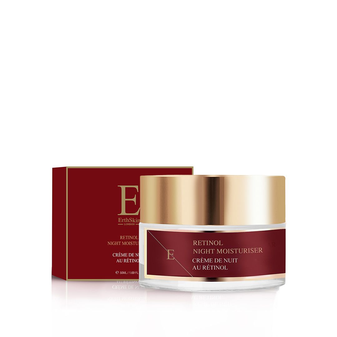 Crèmepot en rode doos. Tekst: Retinol Night Moisturiser, Crème de Nuit au Rétinol. ErthSkin London. 50ml/1.69 fl oz.