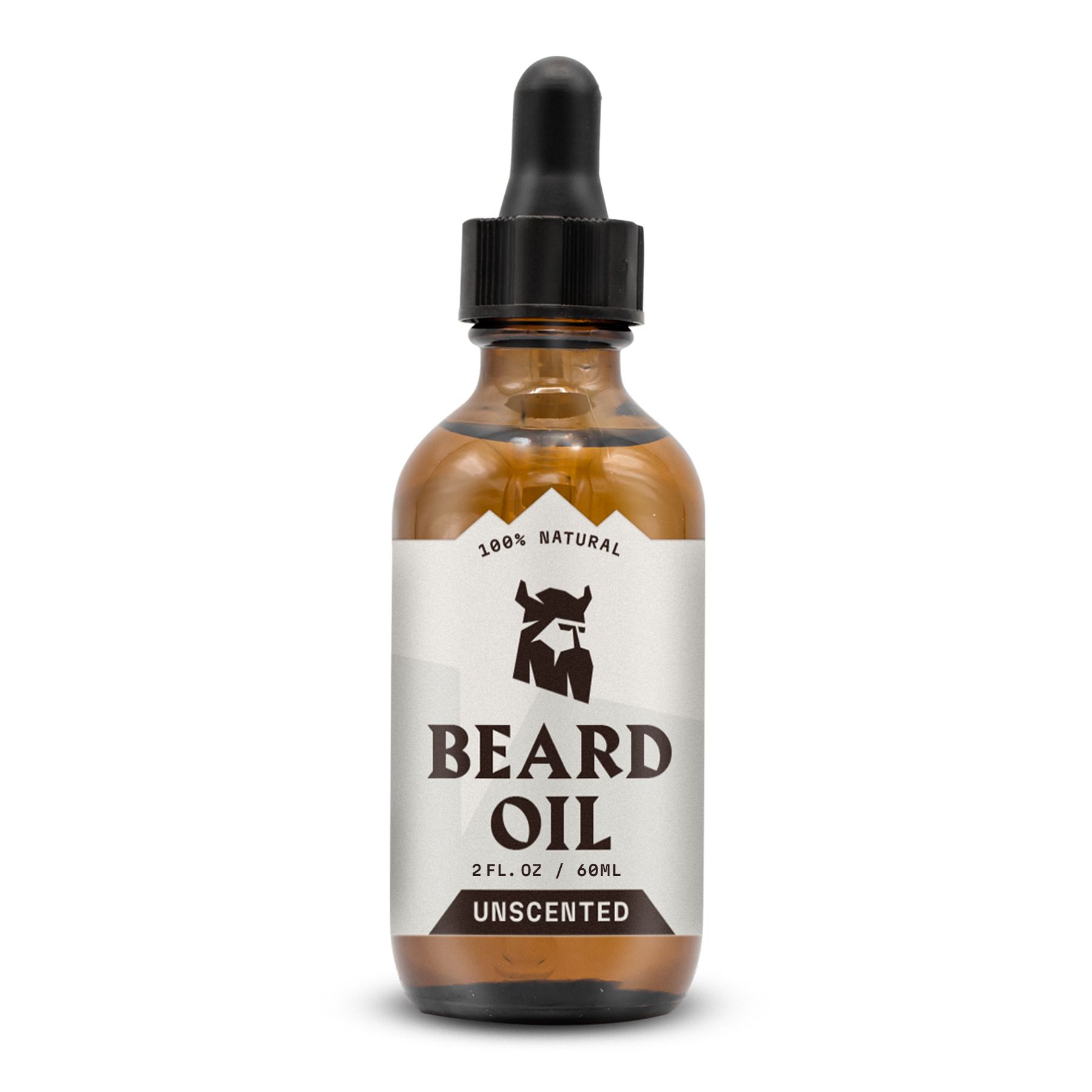Bouteille en verre brun avec pipette, remplie d'huile à barbe. L'étiquette montre un Viking et l'inscription "BEARD OIL".