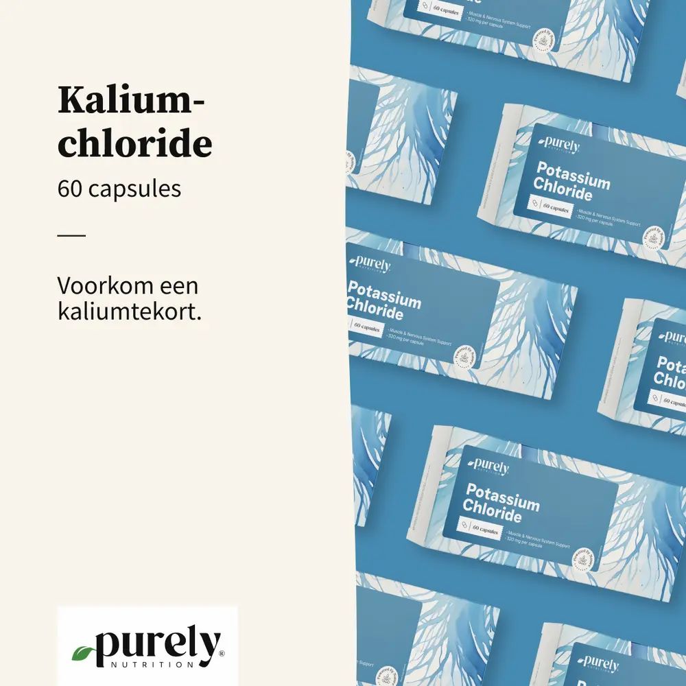 Veel verpakkingen kaliumchloride. Opschrift: 60 capsules. Merk: Purely Nutrition.