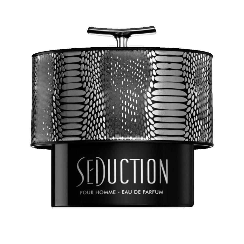 Zwarte flacon met zilveren dop en slangenpatroon. Opschrift Seduction Pour Homme.
