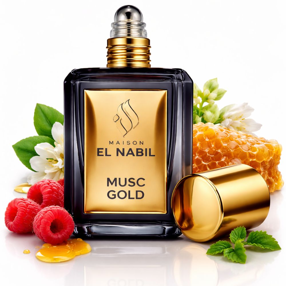 Zwarte fles met gouden dop. Gouden etiket met tekst: MAISON EL NABIL MUSC GOLD. Omringd door frambozen, honingraat en bloemen.