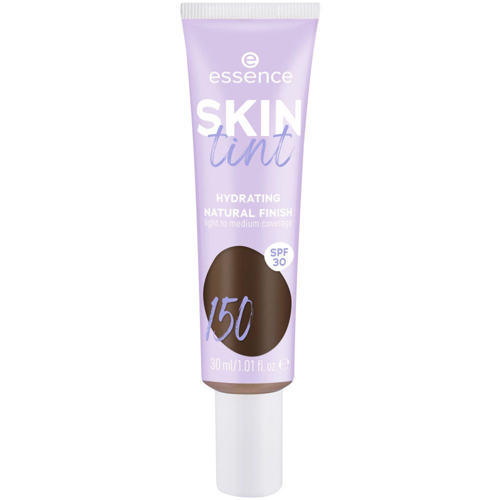 Tube de Skin Tint Foundation, teinte 150, SPF 30. Tube lilas avec bouchon blanc. Texte : Skin Tint, Hydrating, Natural Finish.