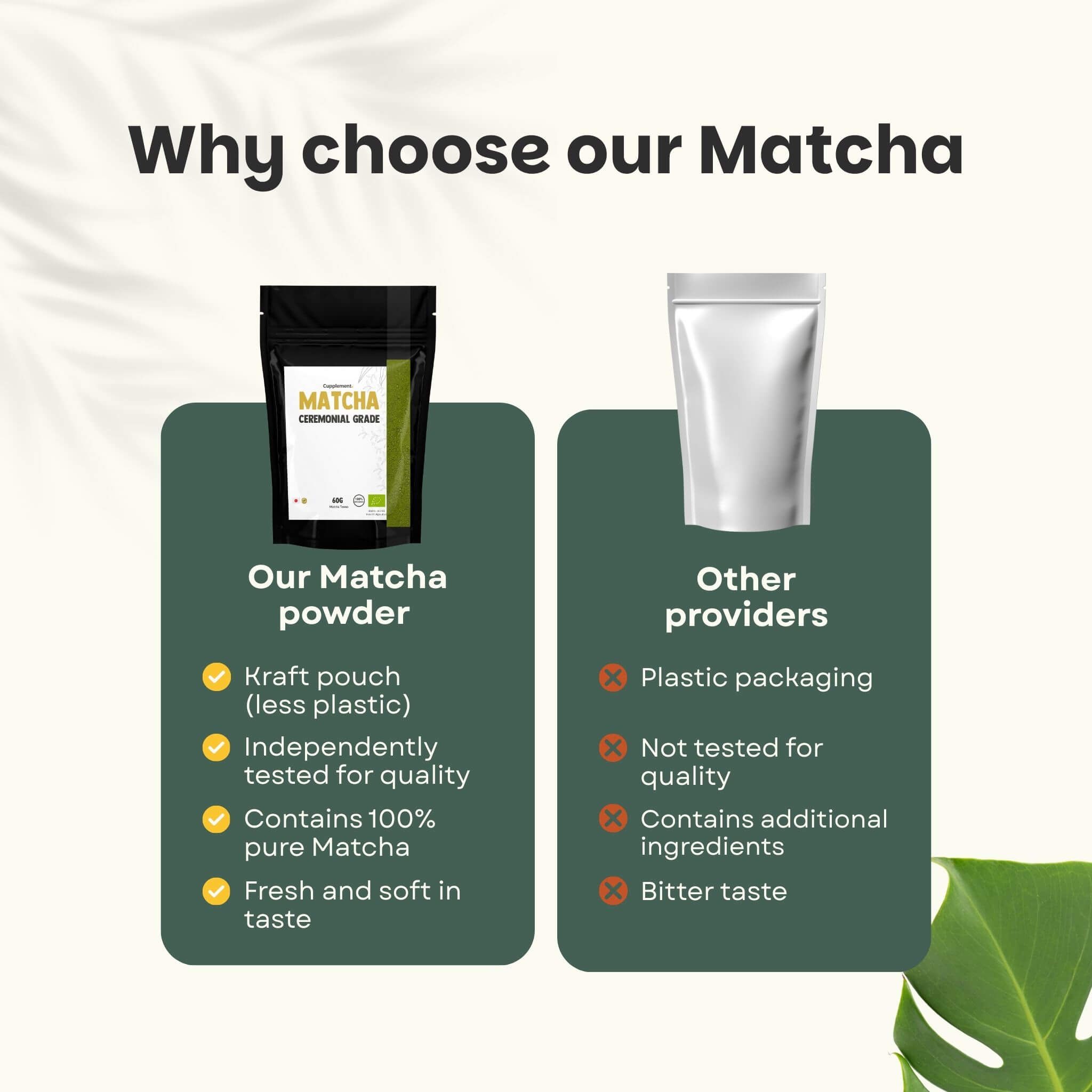 Comparaison : poudre de matcha en sachet kraft vs. emballage plastique. Avantages et inconvénients.