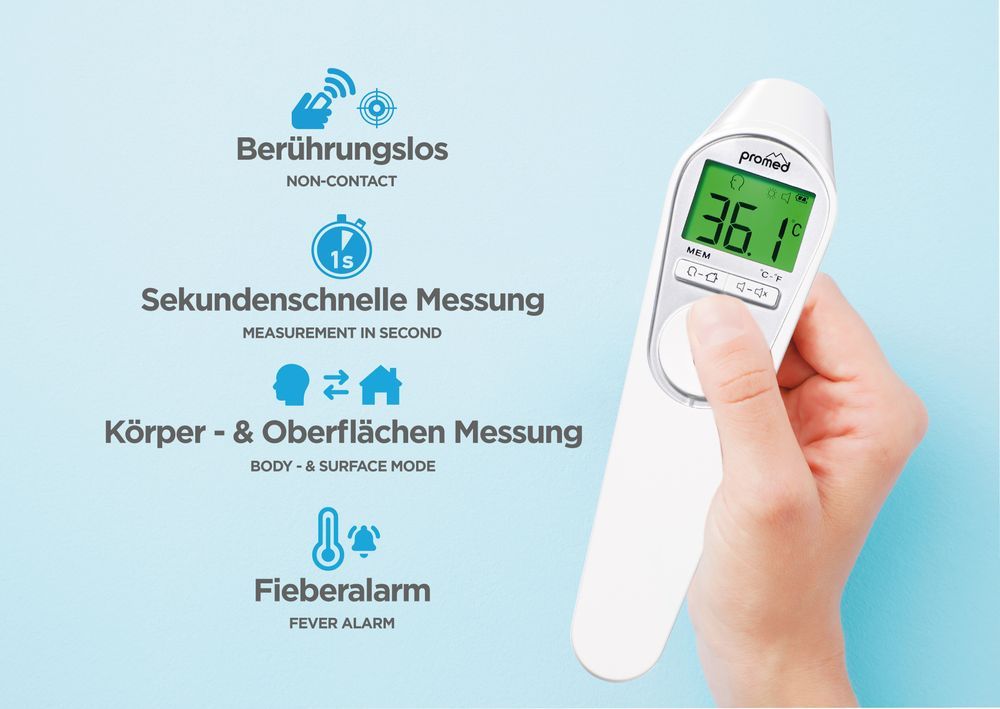 Thermomètre en main. Texte: Sans contact, Mesure rapide, Corps & Surface, Alerte fièvre.