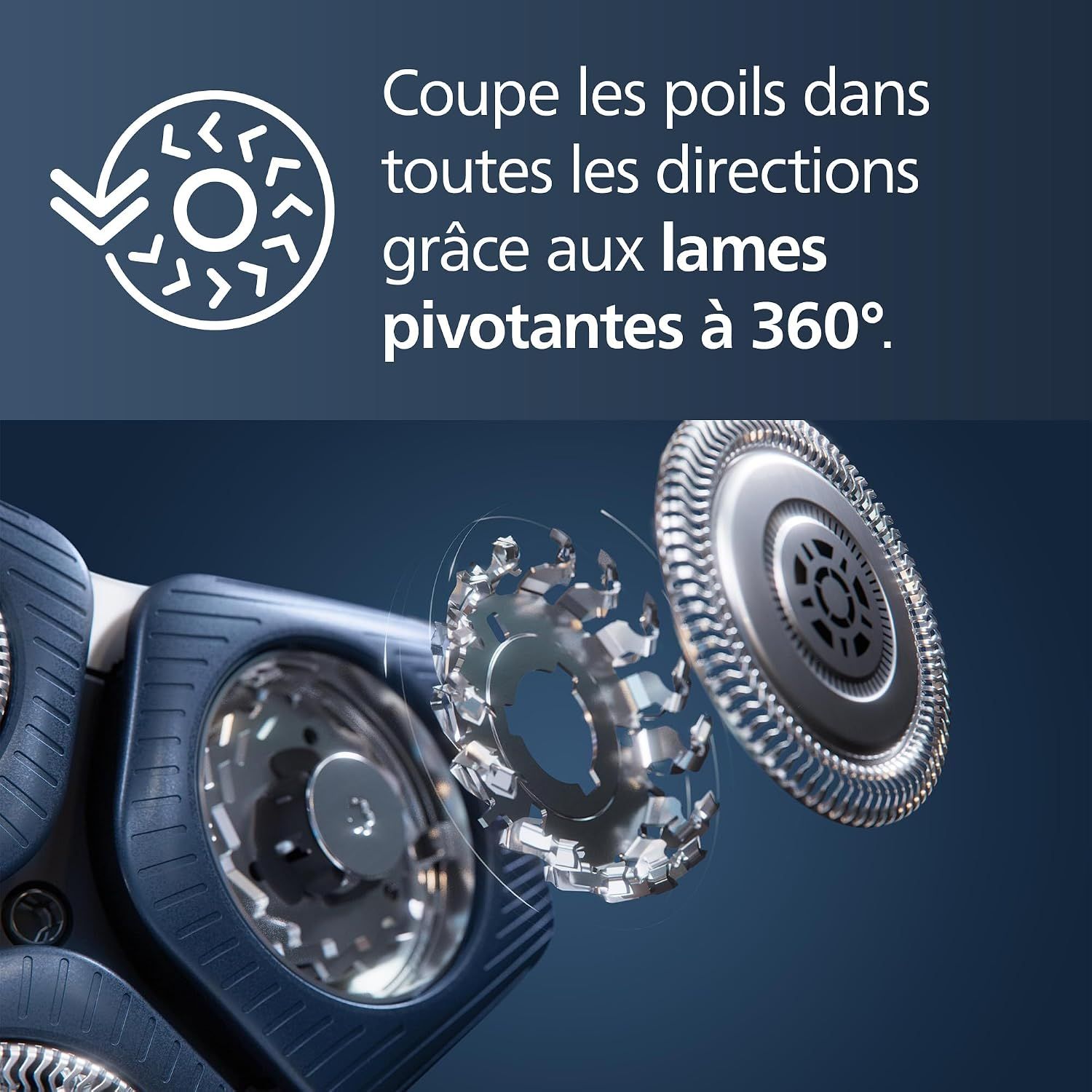 Vue détaillée d'une tête de rasoir avec lames rotatives.