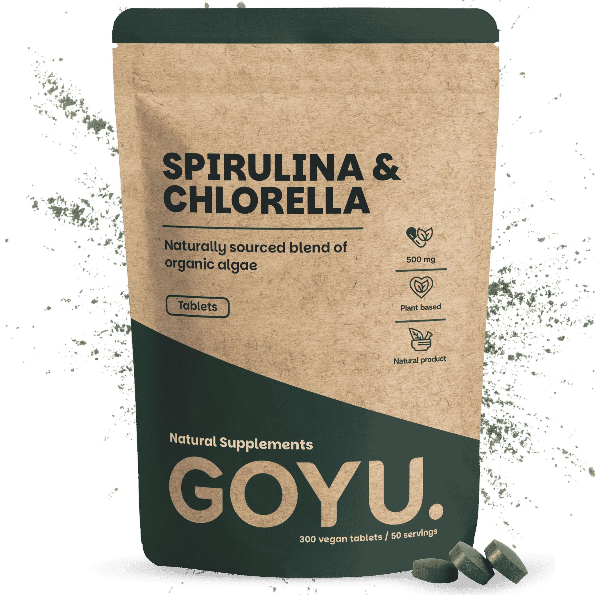 GOYU Spiruline & Chlorelle Comprimés dans un emballage brun, 300 comprimés végétaliens.