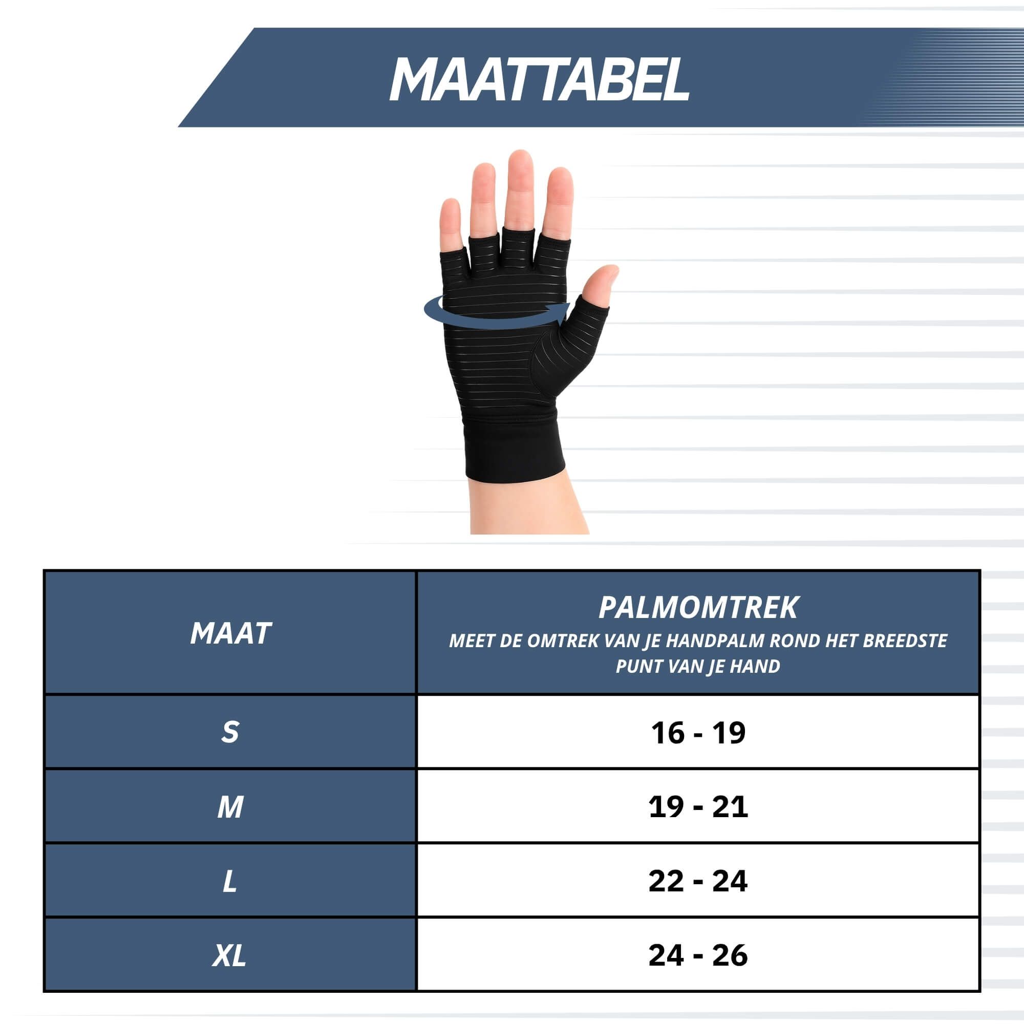 Maattabel voor compressiehandschoenen: handomtrek in cm voor maten S, M, L, XL.