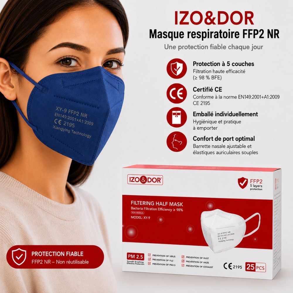 Emballage de masques FFP2, bleu foncé. Montre 5 couches de protection, CE 2195, 25 pièces.
