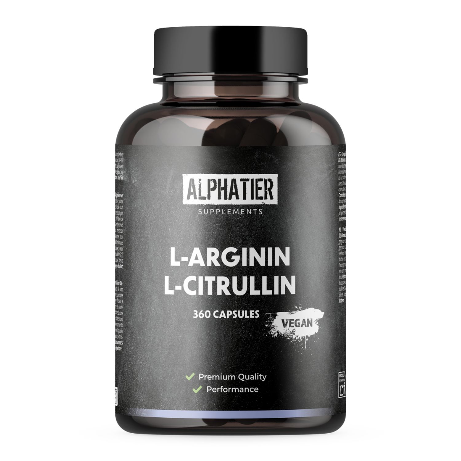 Flacon noir de gélules. Inscription : L-Arginine L-Citrulline, 360 gélules, Vegan. Logos : Premium Quality, Performance.