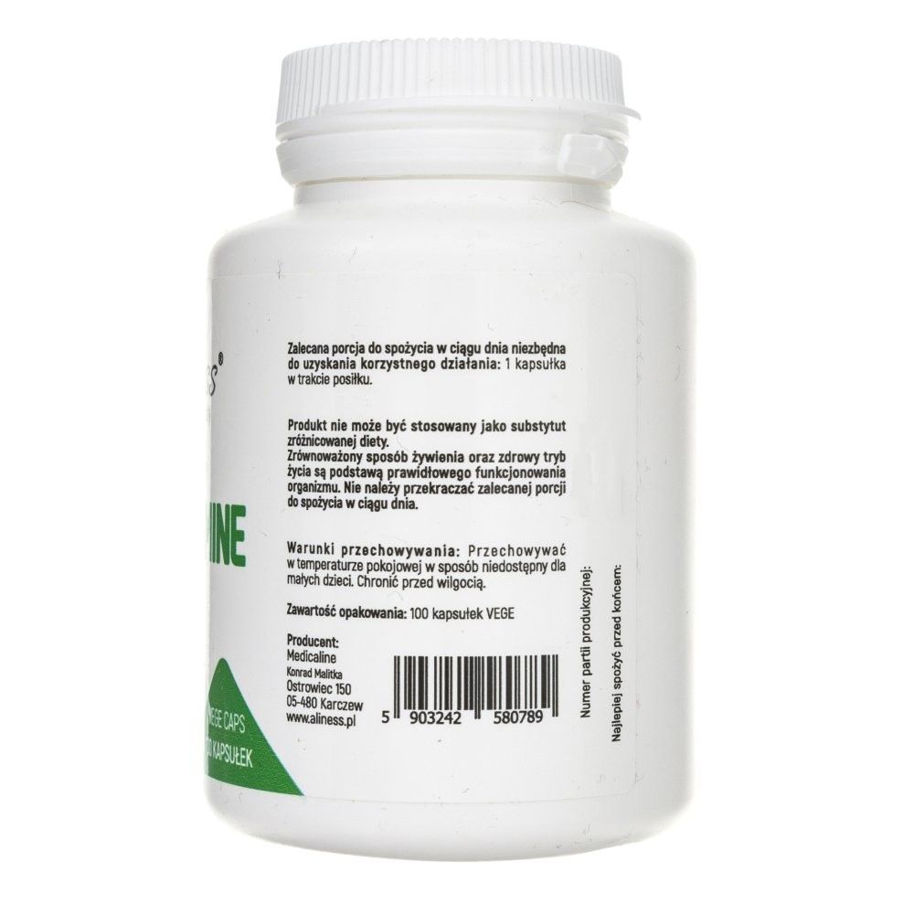 Arrière d'un emballage de gélules Aliness L-Glutamine avec instructions d'utilisation et informations fabricant.