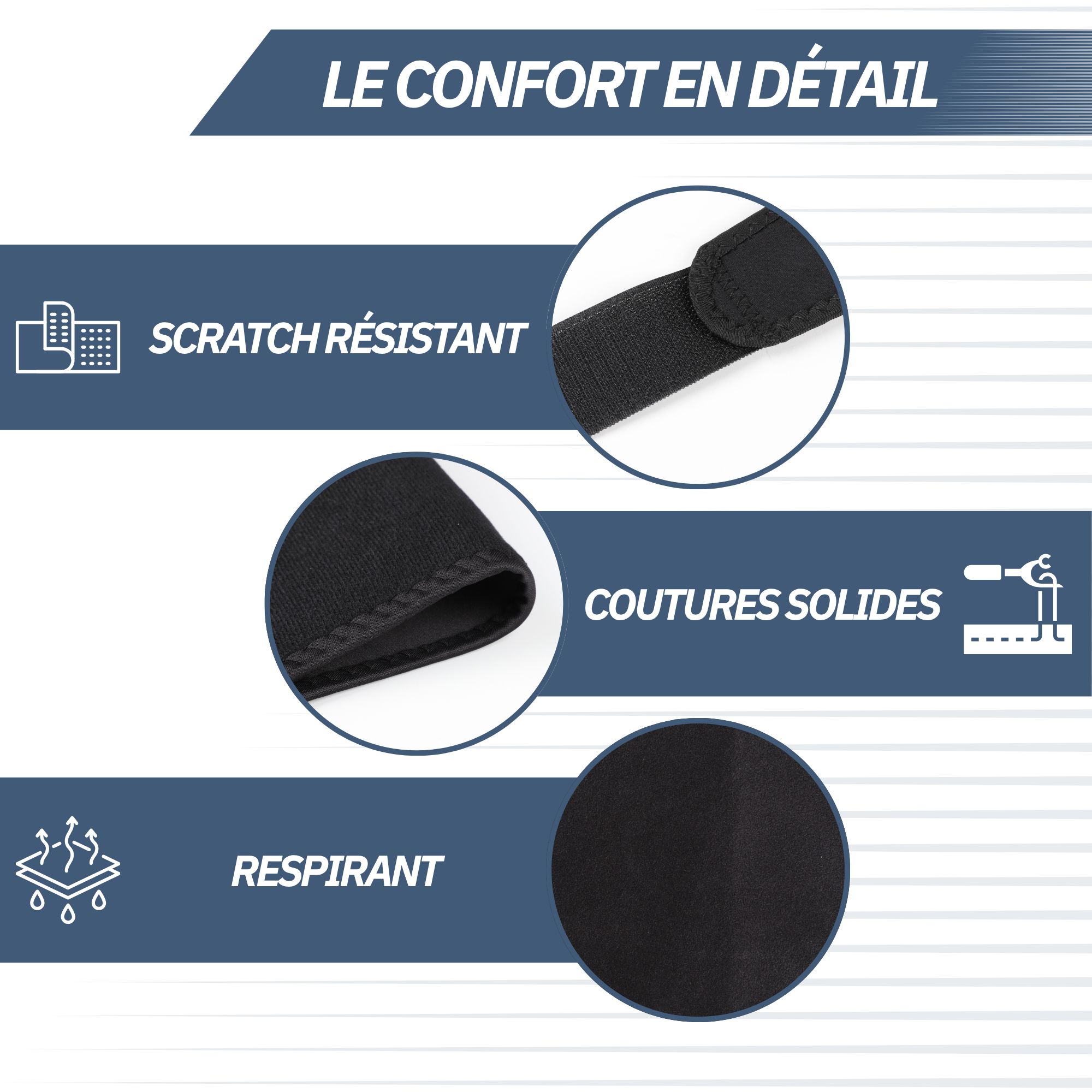 Vue détaillée d'une manchette de compression noire : patte velcro anti-rayures, coutures solides, tissu respirant.