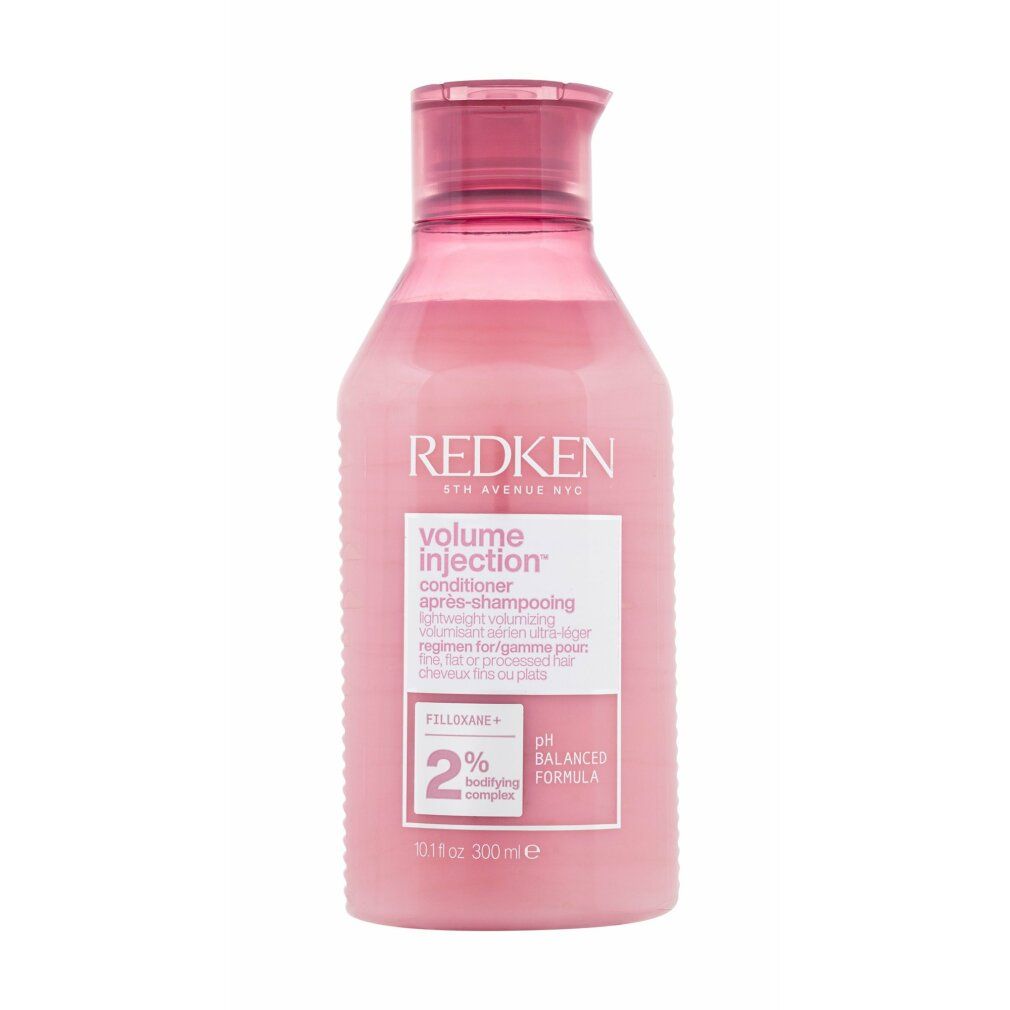 Flacon rose Redken Volume Injection Conditioner. Texte sur l'étiquette. Formule pH équilibré. 300ml.