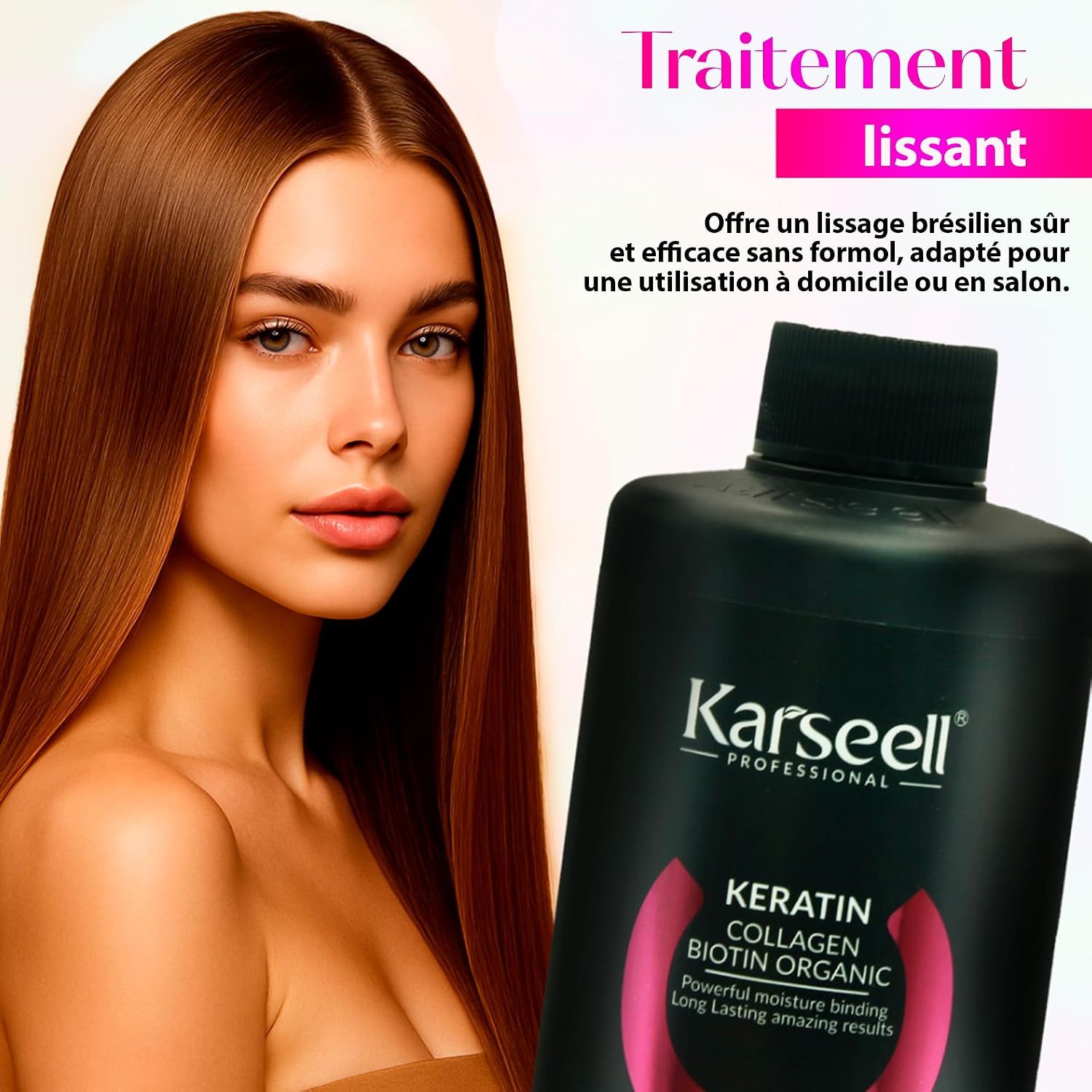Bouteille de traitement capillaire Kar seell Professional Kératine Collagène Biotine Organique.